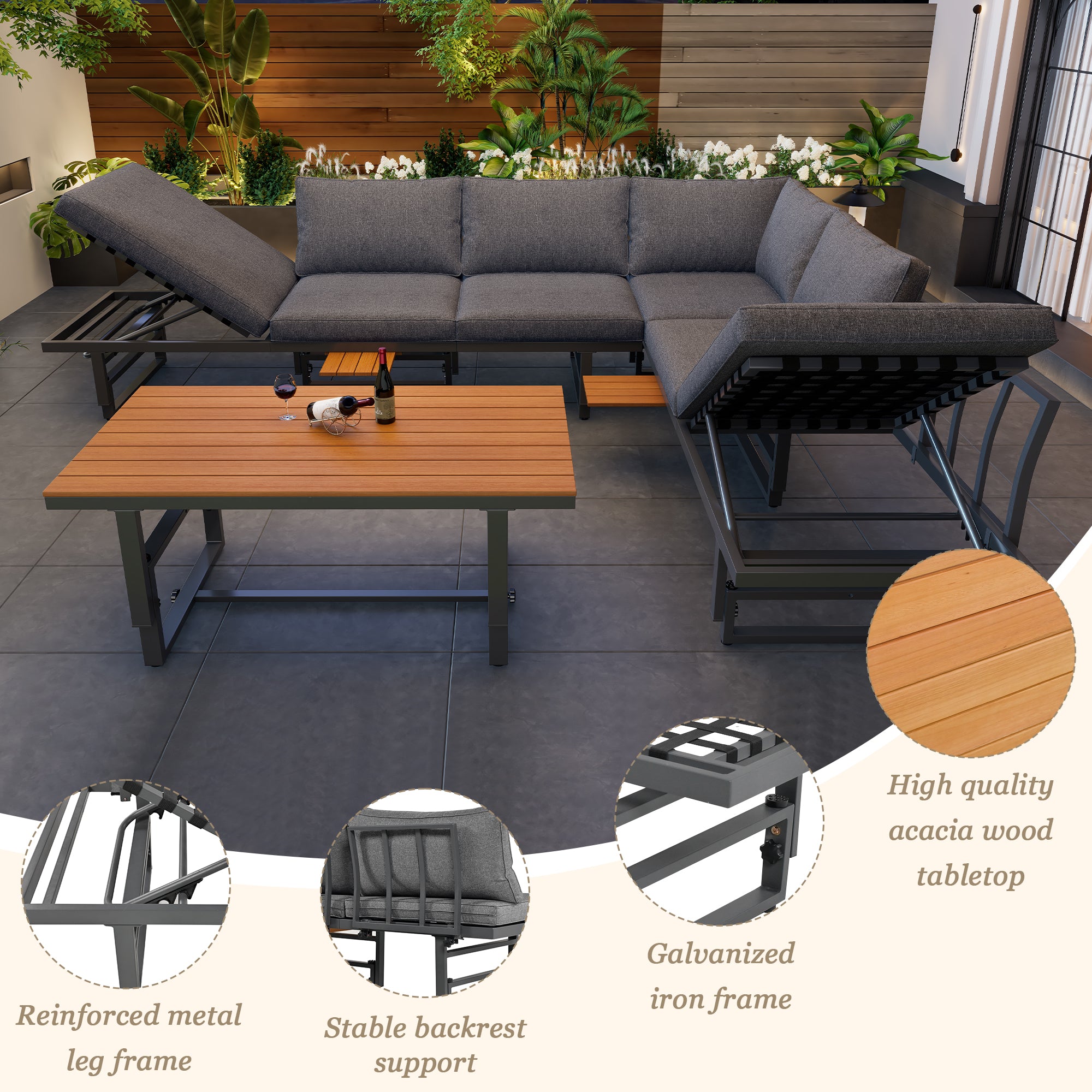 Outdoor Garden Furniture Set With 2 Sofas and Table with Galvanised Iron Frame, Adjustable Backrests, Adjustable Table, Acacia Wood, Including All Seat Cushions and Pillows, Grey