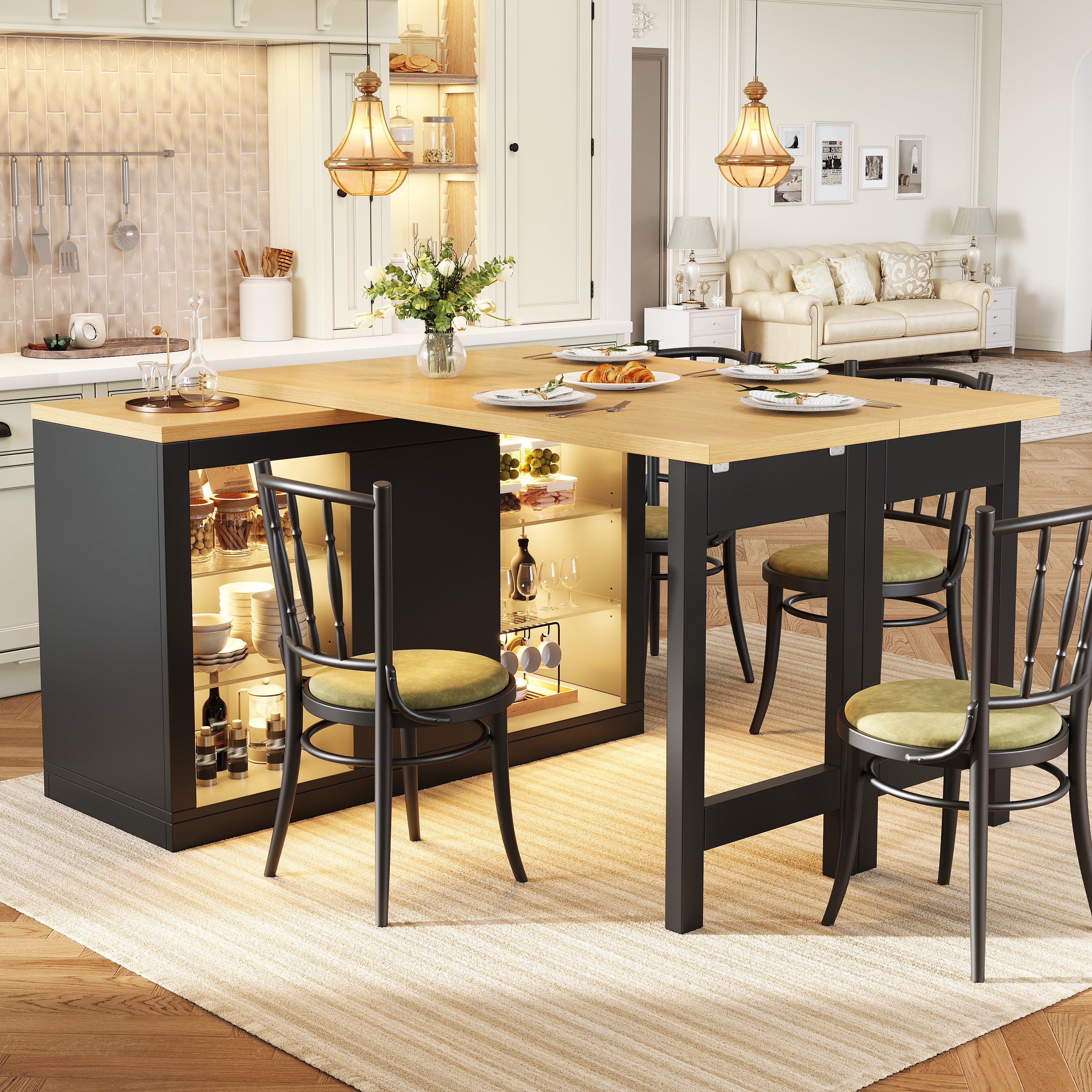 Extendable Sideboard with LED Lights, 120-197 cm Adjustable Dining Table with Storage, Kitchen cabinet with glass shelves & snack rack, White/Black