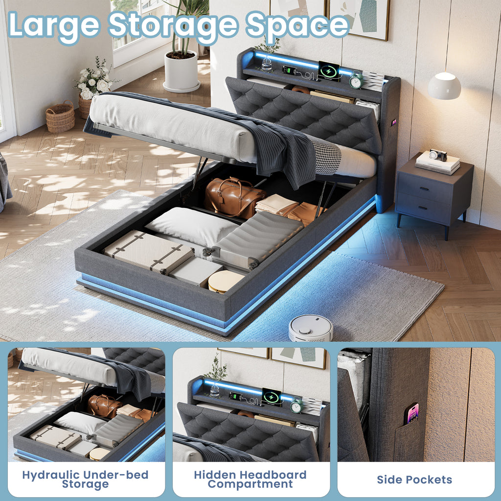 3ft Single Upholstered Bed Frame with Hydraulic Storage, LED Button Tufted Headboard with Charging Station and Concealed Headboard Storage, USB and Type-C Ports, Linen, Grey (No Mattress)