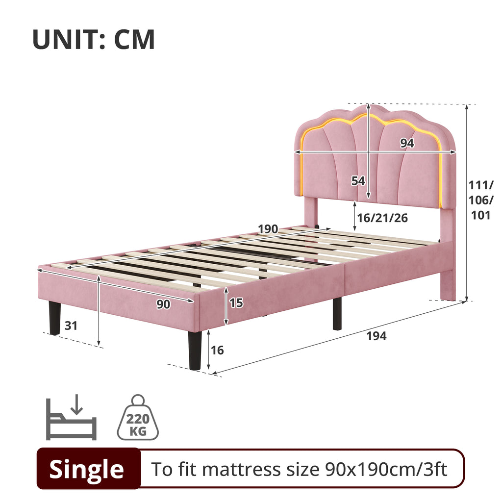 3ft Single Upholstered Bed with LED Adjustable Shell Shape Headboard, Soft Velvet Bed Frame with Solid Wood Slat, No Box Spring Needed, Easy Assembly, Pink (No Mattress)