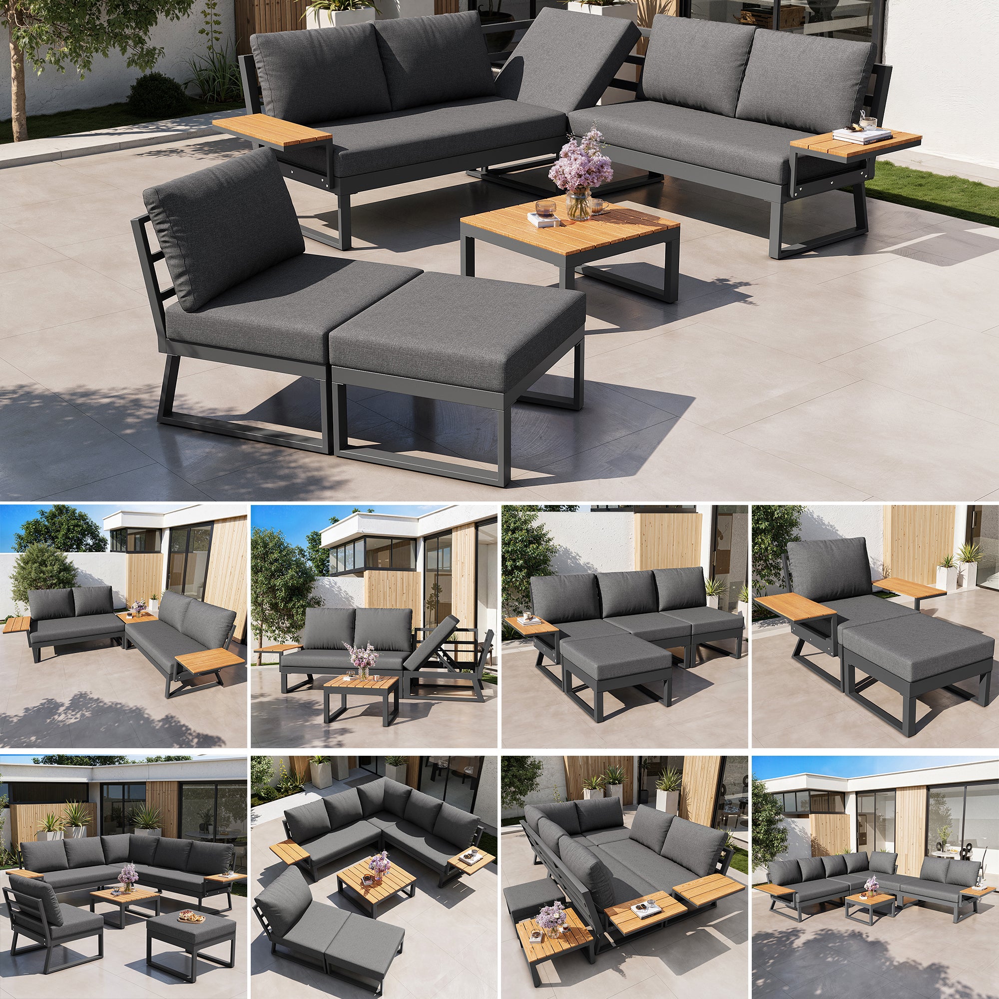 L-Shaped Garden Sofa Set with Wooden Armrests / Weather-Resistant Corner Suite & Daybed Made of Iron / Including Wooden Table, Armchair & Stool, 7-Person / With Cushions / Gray
