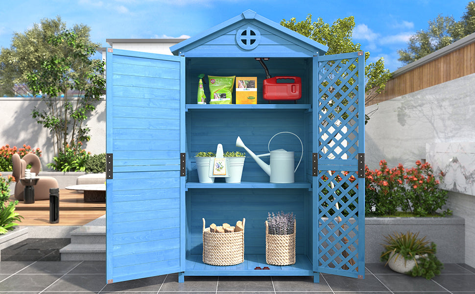 Outdoor Wood Garden Furniture Storage Shed, Tool House with Ventilation Slots for Backyard, Patio, Fade Free, All Weather Resistant, Safe and Secure, Zero Maintenance, Blue