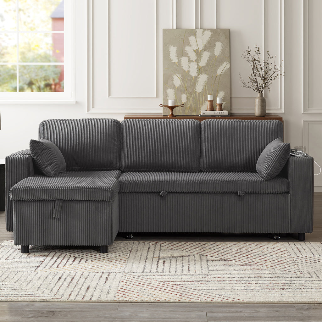 3 in 1 Convertible Corduroy Sofa Bed with Storage Chaise, L Shaped Sleeper Sofa Couches with Armrest Storage and Charging Station. Pullout Sectional Daybed for Living Room/Bedroom/Office, Grey