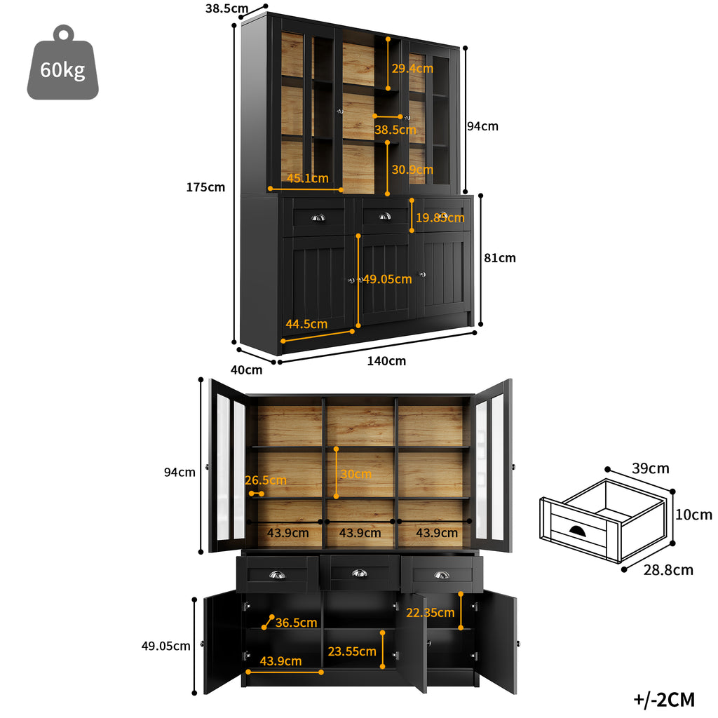 Tall Cabinets for Living Room (140×38.5×175cm), Display Cabinet, Kitchen Cabinet, Dining Room Cabinet with Drawers, Modern Minimalist Tall Cabinet, Freestanding Display Cabinet, Black