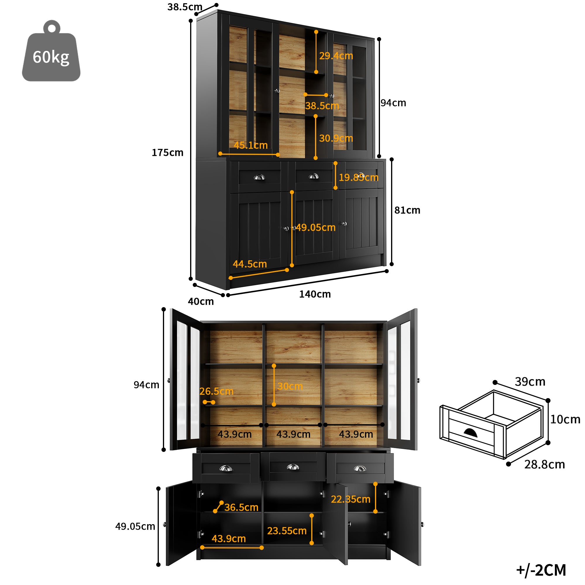 Tall Cabinets for Living Room (140×38.5×175cm), Display Cabinet, Kitchen Cabinet, Dining Room Cabinet with Drawers, Modern Minimalist Tall Cabinet, Freestanding Display Cabinet, Black