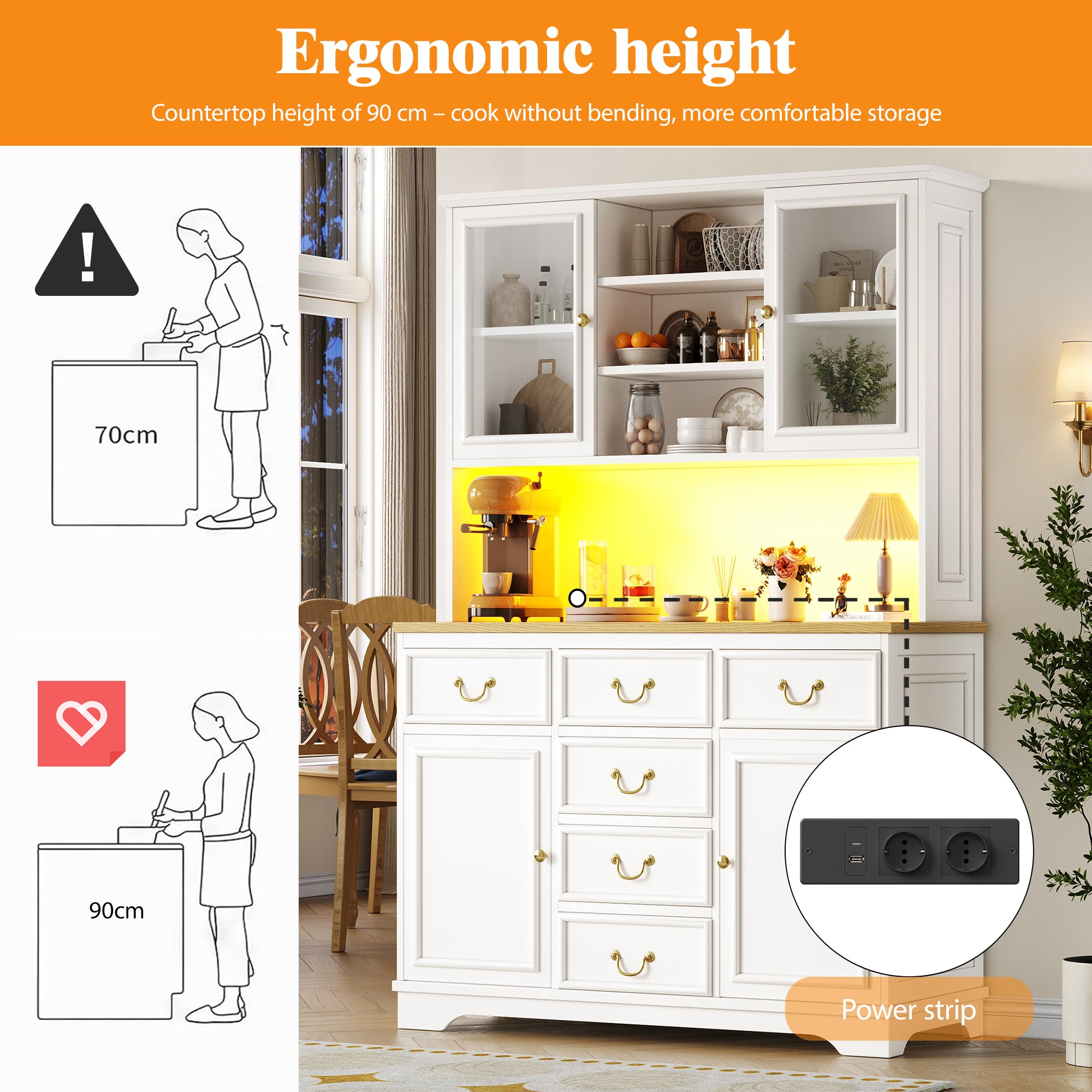 Tall kitchen cabinet with USB ports and sockets, sideboard with LED light strip, kitchen cabinet, storage cabinet with snack shelf doors, sideboard, waste bin can be installed, white