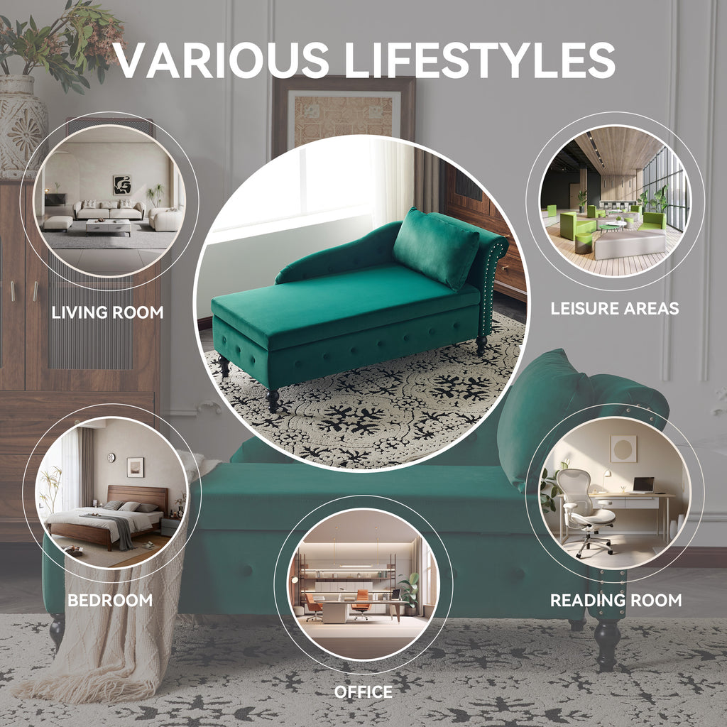 Velvet Chaise Lounge Sofa with Storage, Upholstered Chaise lounge Couch with Pillow for Living Room, Modern Nailhead-Trim & Button-tufted Lounge Chair, Bedroom and Office, Right Armrest