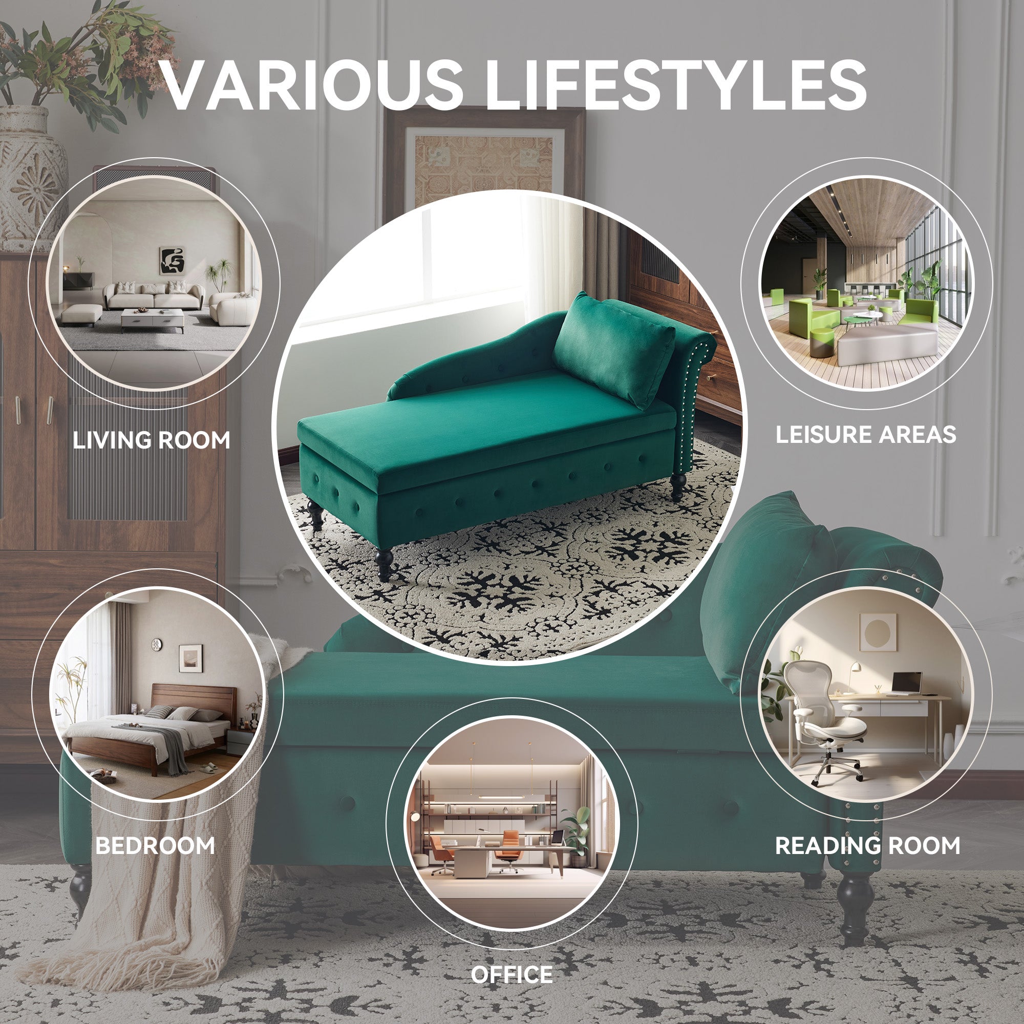 Velvet Chaise Lounge Sofa with Storage, Upholstered Chaise lounge Couch with Pillow for Living Room, Modern Nailhead-Trim & Button-tufted Lounge Chair, Bedroom and Office, Right Armrest