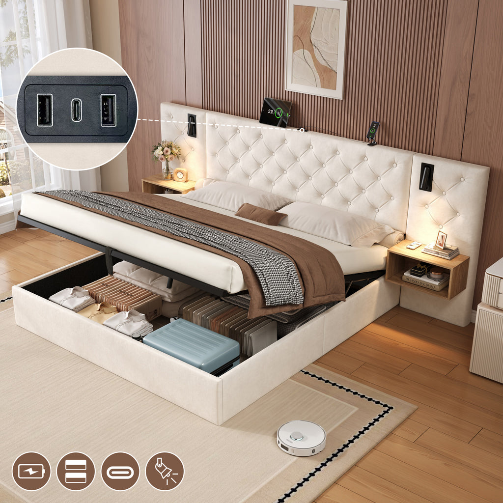 King Upholstered Bed with Charging Station, Velvet Hydraulic Storage Bed with Reading Light, 5ft King Bed Frame with Handmade Button Tufted Wide Headboard and Bedside Storage, Beige (No Mattress)