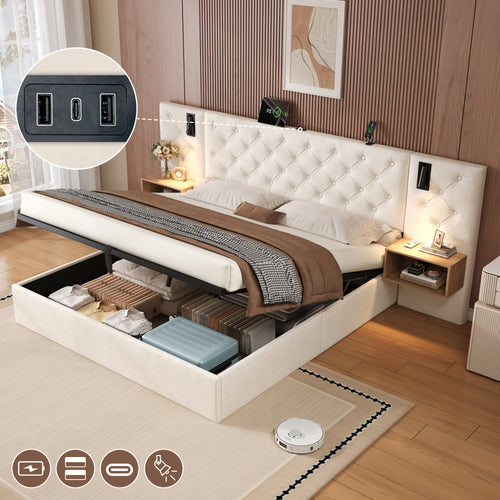 King Upholstered Bed with Charging Station, Velvet Hydraulic Storage Bed with Reading Light, 5ft King Bed Frame with Handmade Button Tufted Wide Headboard and Bedside Storage, Beige (No Mattress)