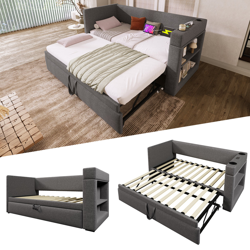 Daybed Upholstered Bed 90 x 190 cm, 3FT Single Sofa Bed with Cup Holders, USB &Type C Charging Station, Pull out Trundle for Living Room and Bedroom, Linen, Grey  (No Mattress)