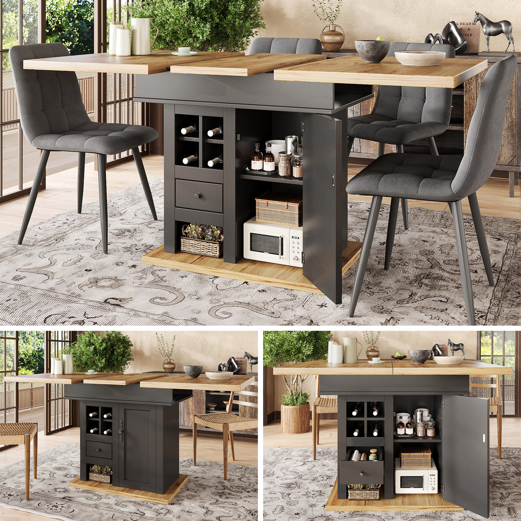 Telescopic dining table (110-140×80cm), foldable kitchen table for 4-6 people, extendable dining table, space-saving kitchen table, for kitchen and living room, dining table with wine rack and drawers