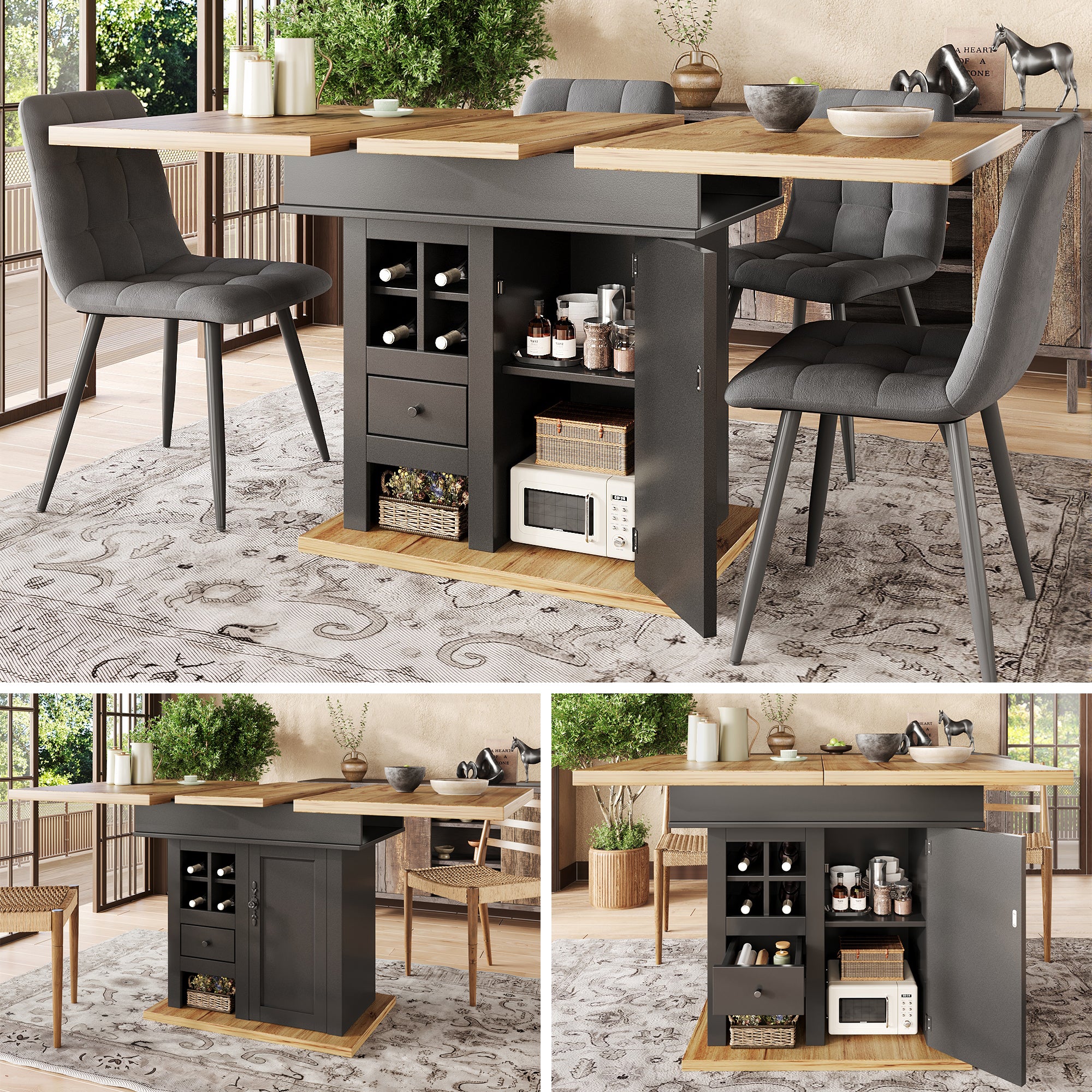 Telescopic dining table (110-140×80cm), foldable kitchen table for 4-6 people, extendable dining table, space-saving kitchen table, for kitchen and living room, dining table with wine rack and drawers