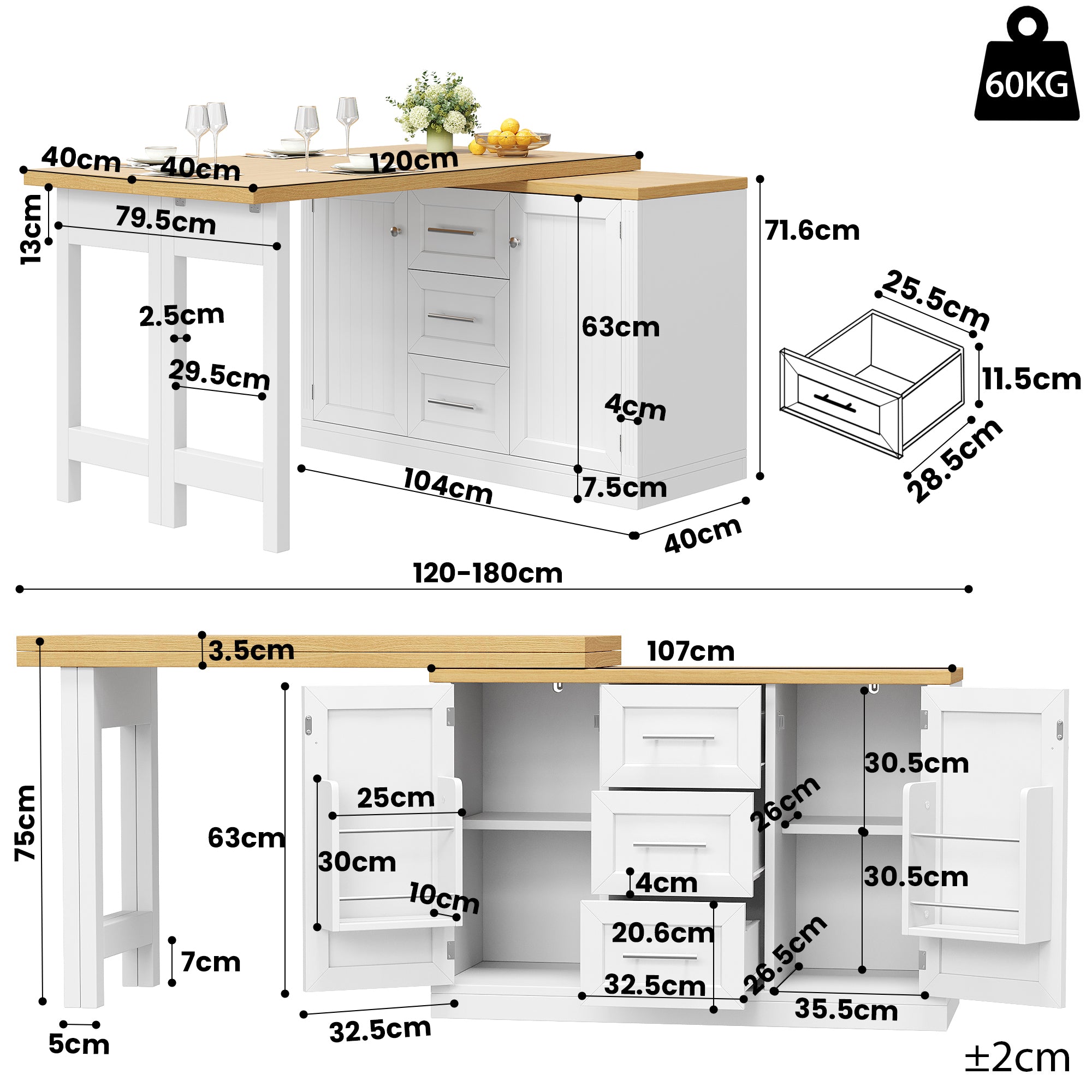 Extendable Sideboard & Table Combo, 120-180 cm Adjustable Dining Table with Storage, 3 Drawers & Snack racks, Space-Saving kitchen island for Small Flats, White/Antique Green