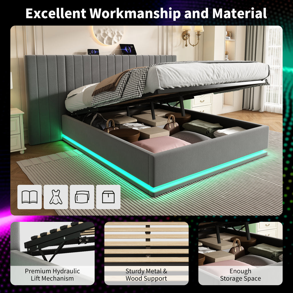King Ottoman Bed with LED Lighting, Velvet Hydraulic Storage Bed with Charging Station, 5ft King Bed Frame Channel Tufted with Wide Headboard, USB and Type - C Ports, Grey (No Mattress)