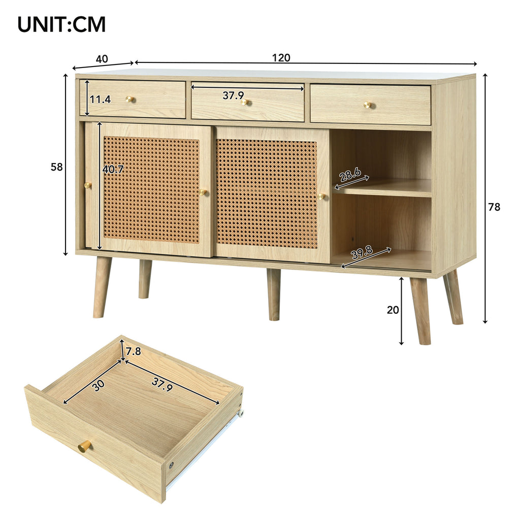 Modern retro rattan door sideboard 120*40*78cm, three drawer storage cabinet, wooden frame, stylish leg design, suitable for living room, dining room and entrance