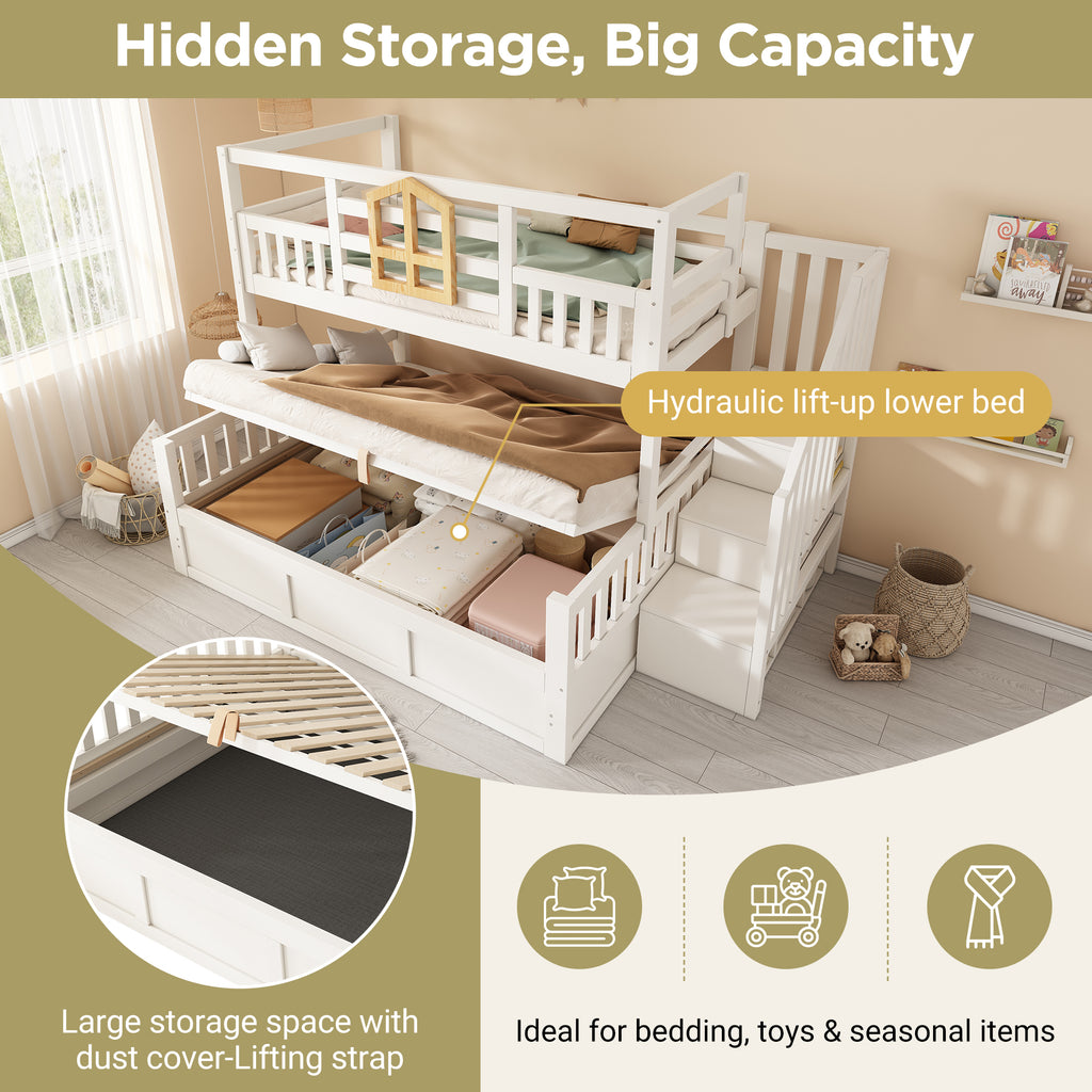 Bunk Beds for Kids, Staircase Bunk with Hydraulic Storage, Children's Bed with Storage Cube, Double Bunk Bed for Family with Multiple Children, (90+135) x 190 cm, Solid Wood, White