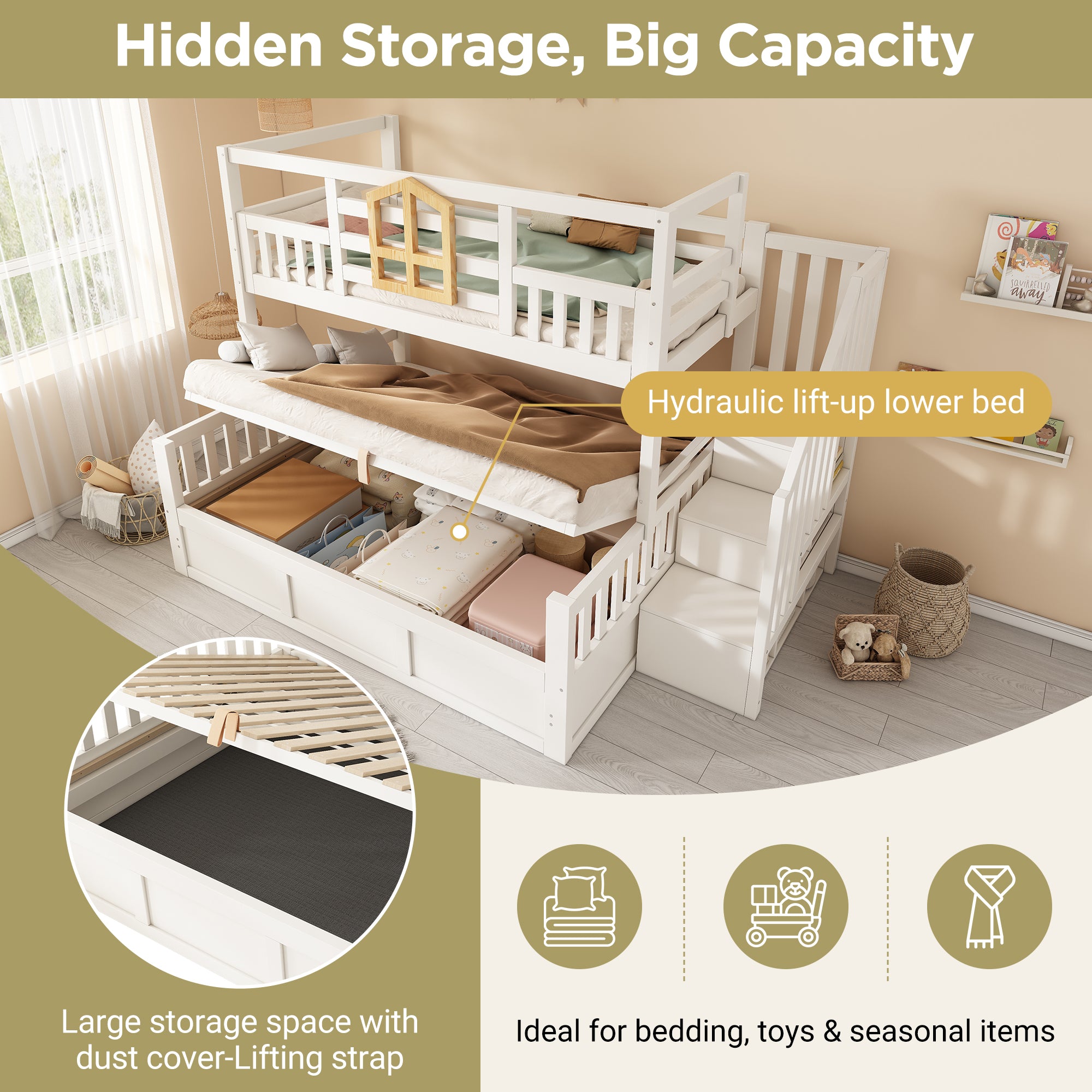 Bunk Beds for Kids, Staircase Bunk with Hydraulic Storage, Children's Bed with Storage Cube, Double Bunk Bed for Family with Multiple Children, (90+135) x 190 cm, Solid Wood, White