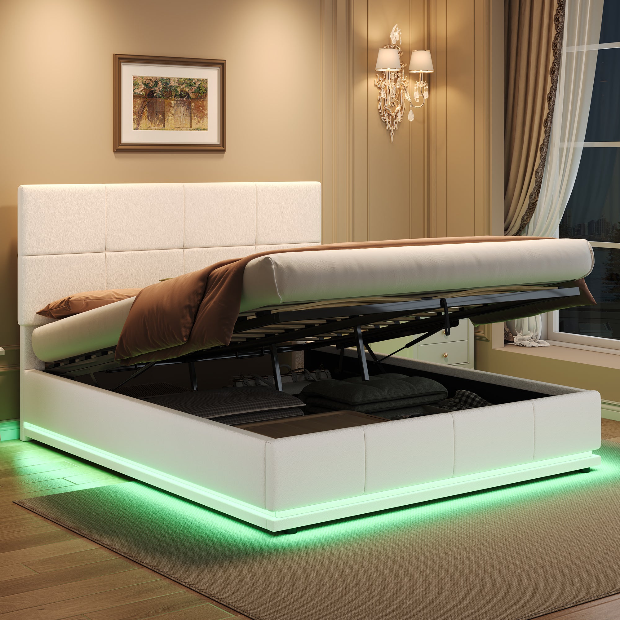 Ottoman Double Bed with LED Lighting, PU Leather Upholstered Bed with Hydraulic Storage, 4ft6 Double Bed Frame with Adjustable Square Tufted Headboard, Cream White (No Mattress)