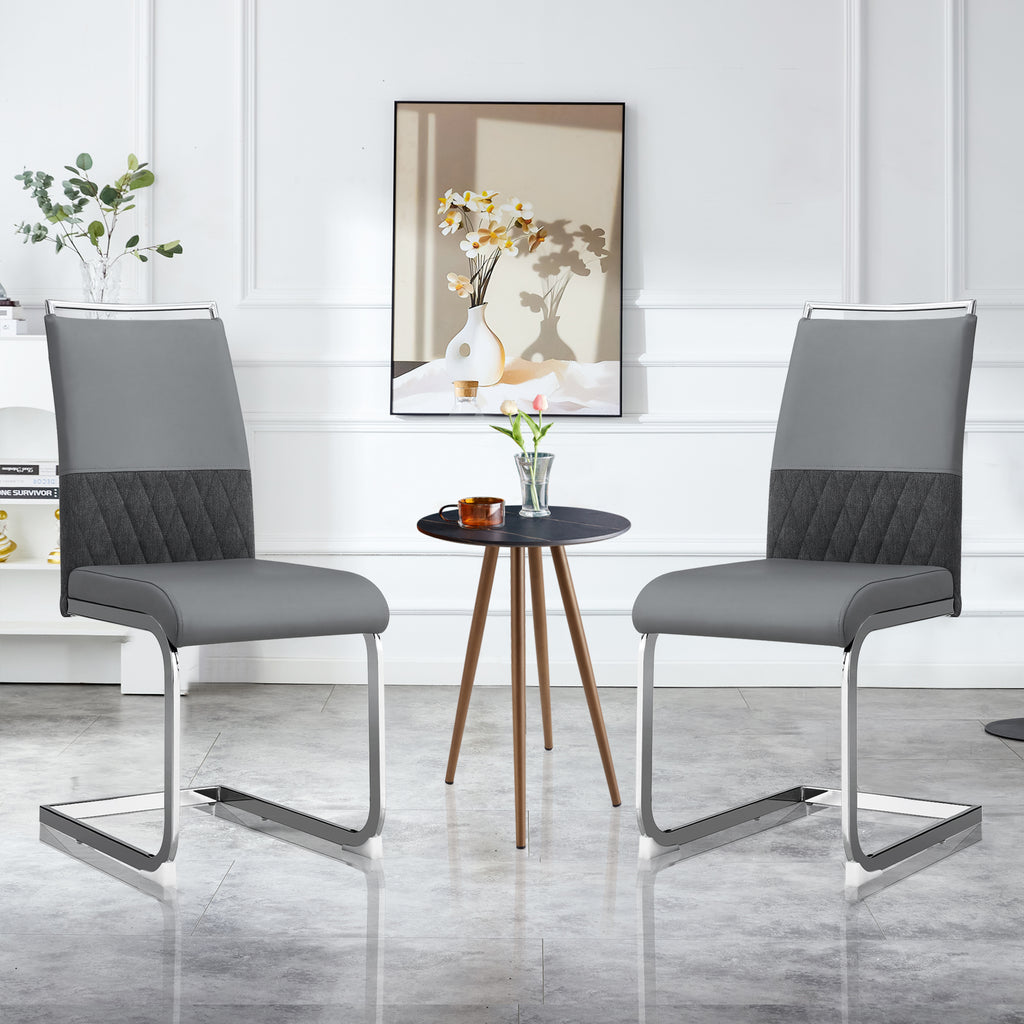 Modern dining chairs set of 2, backrest made of PU faux leather and linen, high back padded side chair, horizontal stripes backrest design for dining room, kitchen, guest office chair, gray