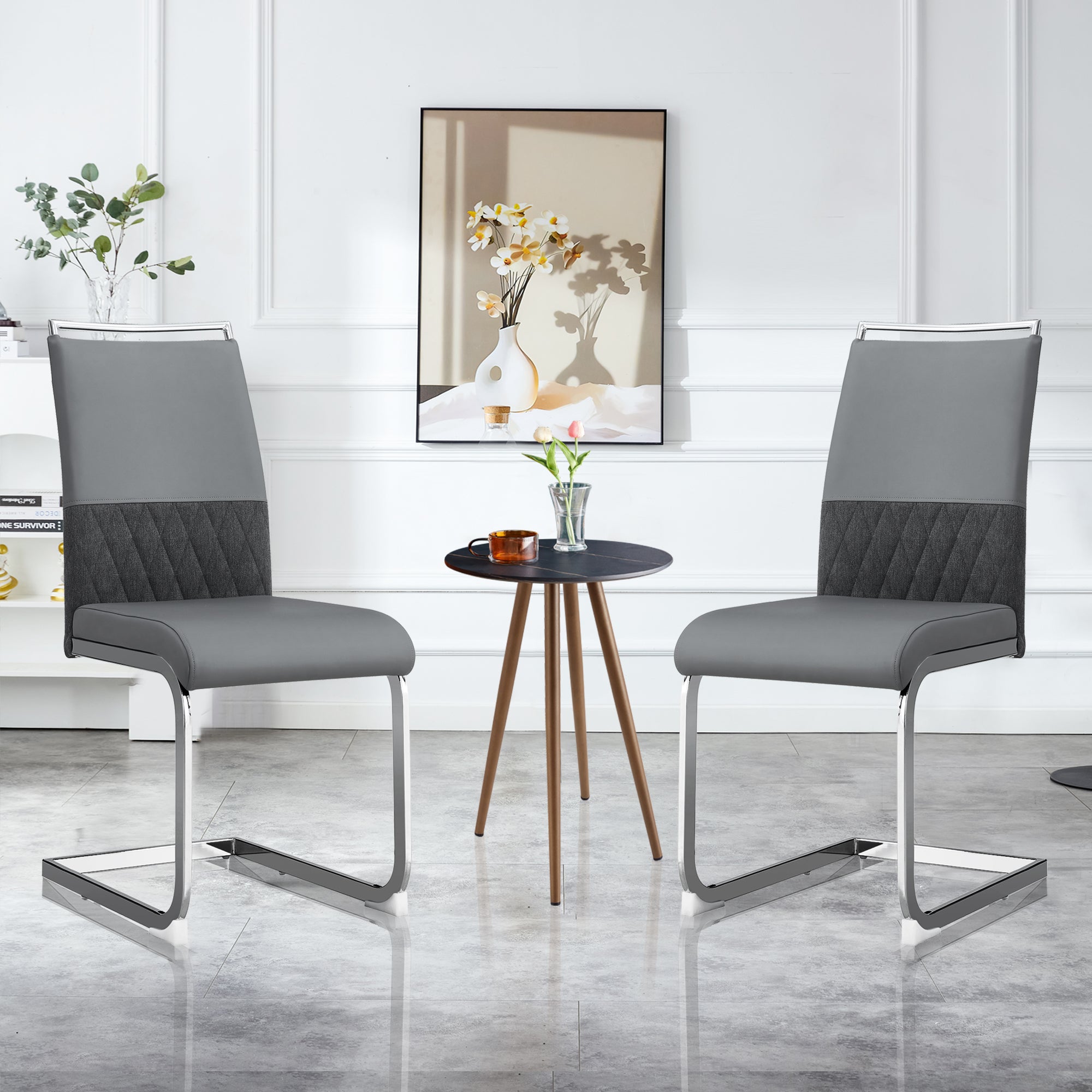 Modern dining chairs set of 2, backrest made of PU faux leather and linen, high back padded side chair, horizontal stripes backrest design for dining room, kitchen, guest office chair, gray