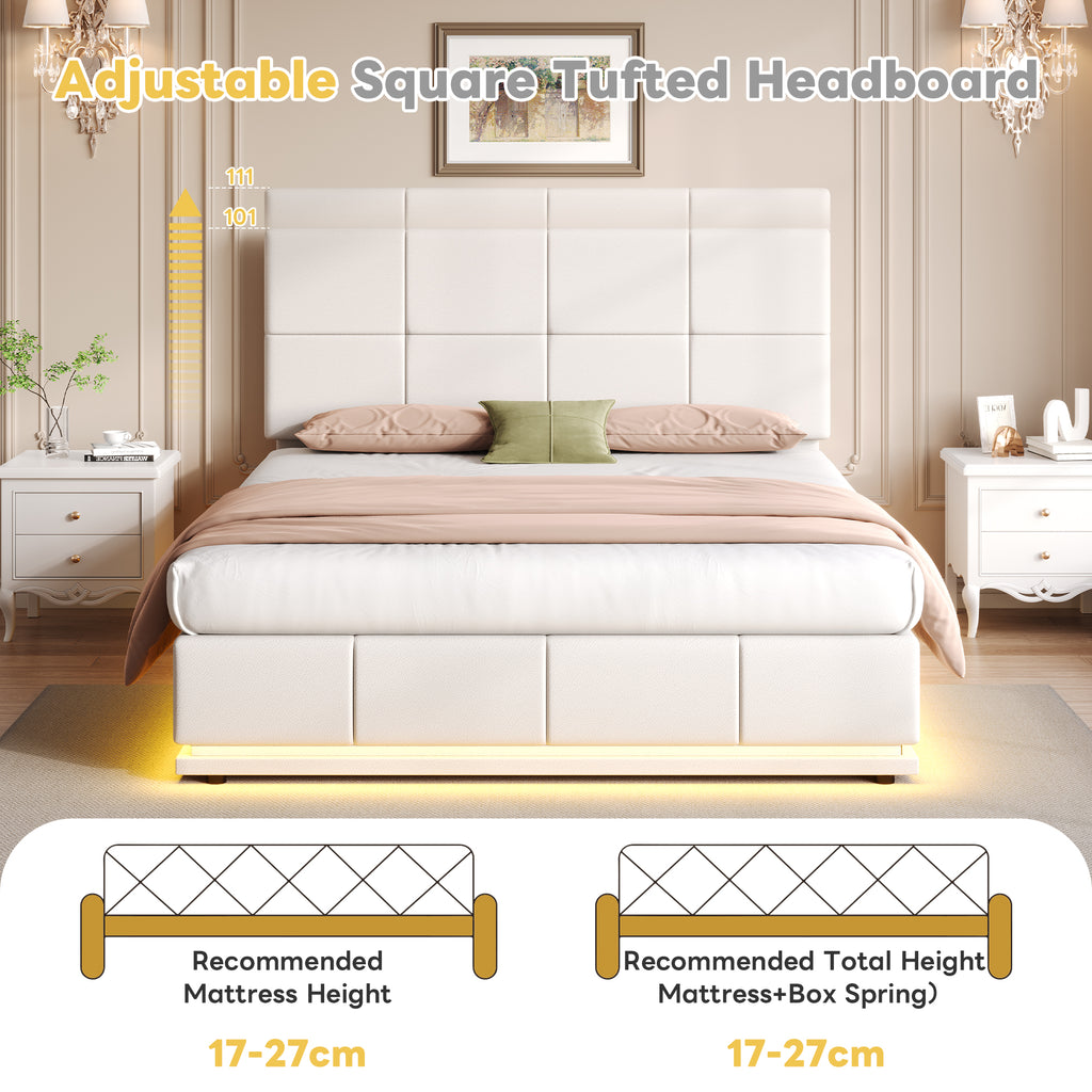 Ottoman Double Bed with LED Lighting, PU Leather Upholstered Bed with Hydraulic Storage, 4ft6 Double Bed Frame with Adjustable Square Tufted Headboard, Cream White (No Mattress)