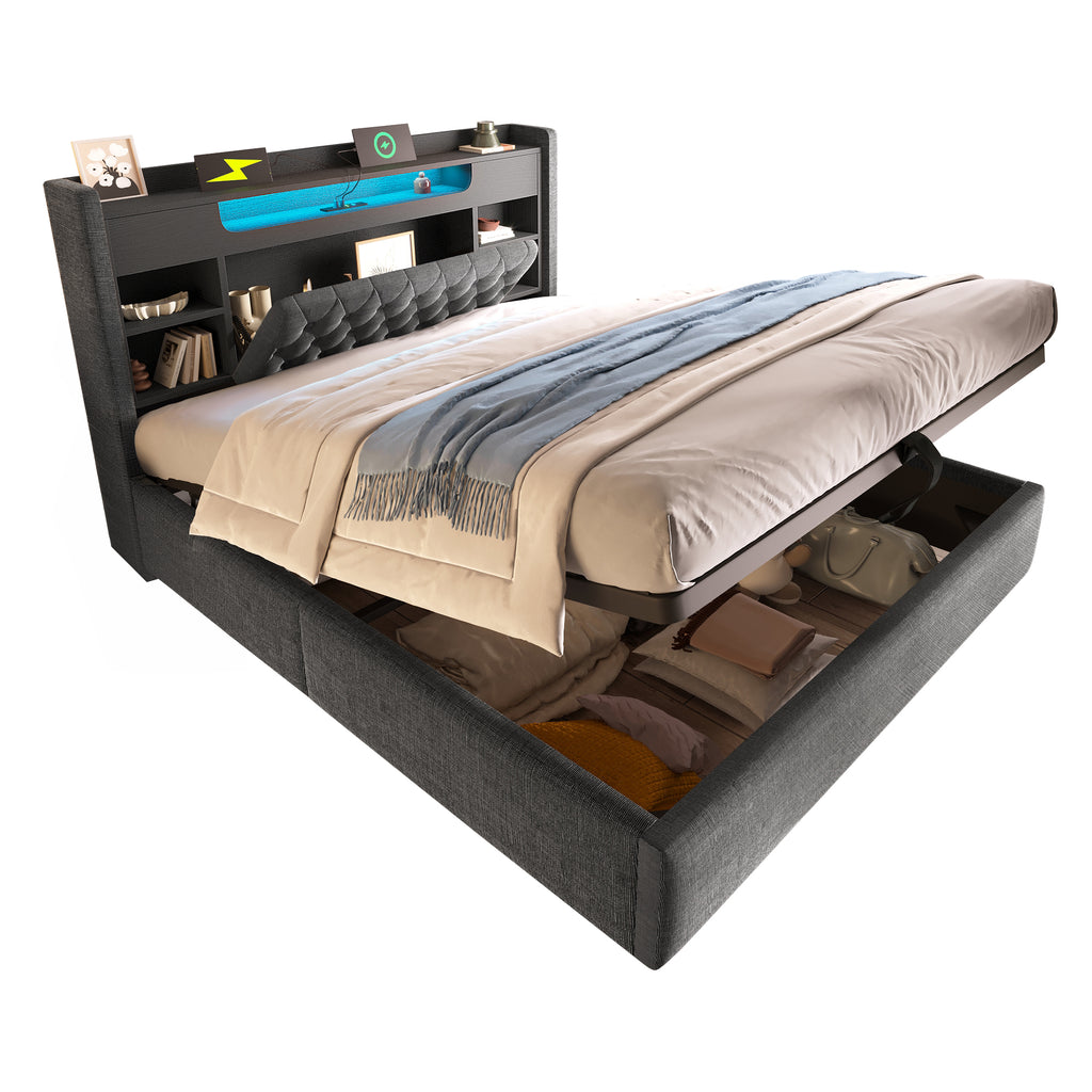 6ft Super King Bed with Hydraulic Storage, Upholstered Bed Frame with LED Lighting & Charging Station, Storage Headboard for Cellphones & Tablets, 180 x 200 cm, Linen, Grey (No Mattress)
