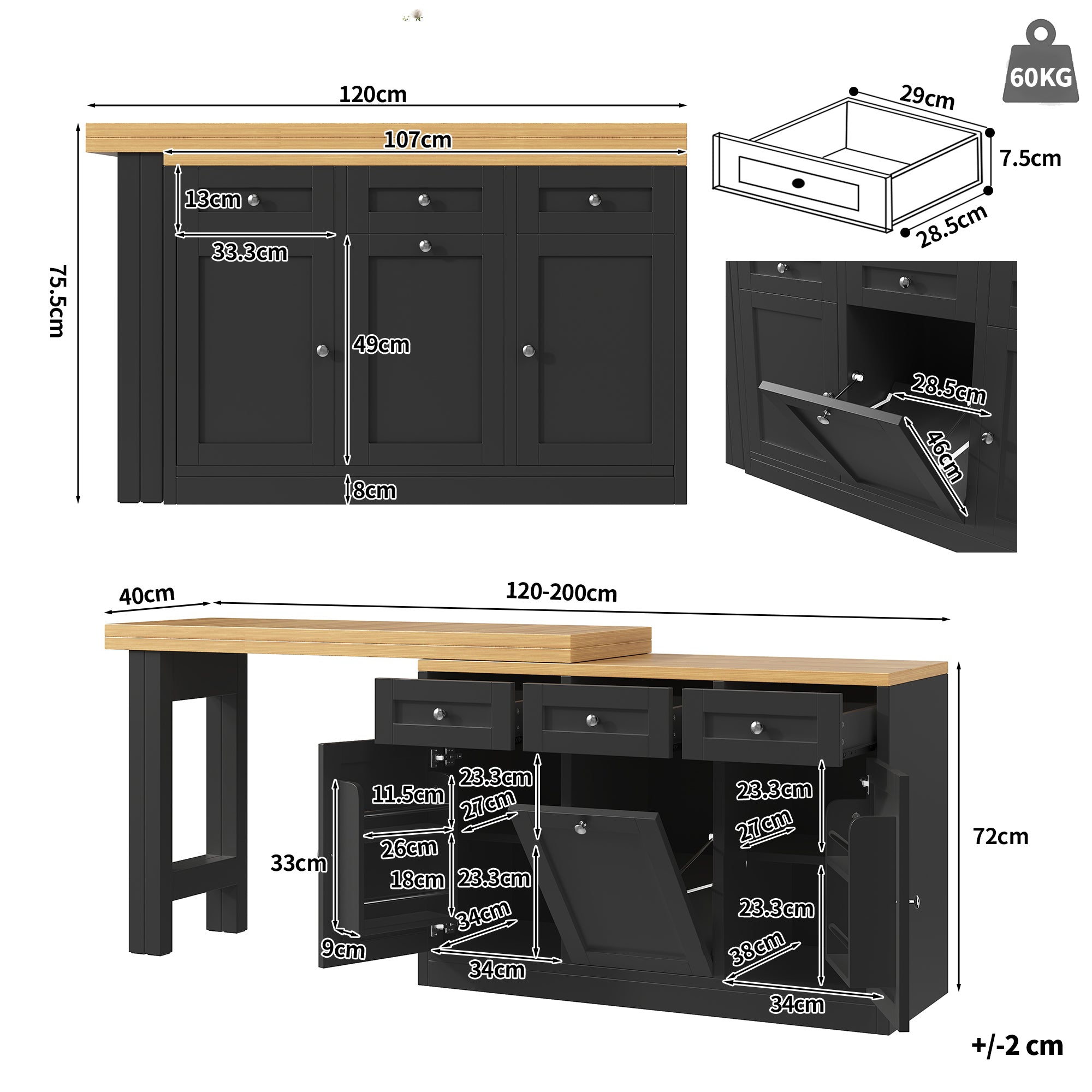 Extendable bar table with storage space, fold-out dining table with drawer and snack tray, pull-out bin holder (bin not included), space-saving design for small flats, kitchens, balconies,
Black
