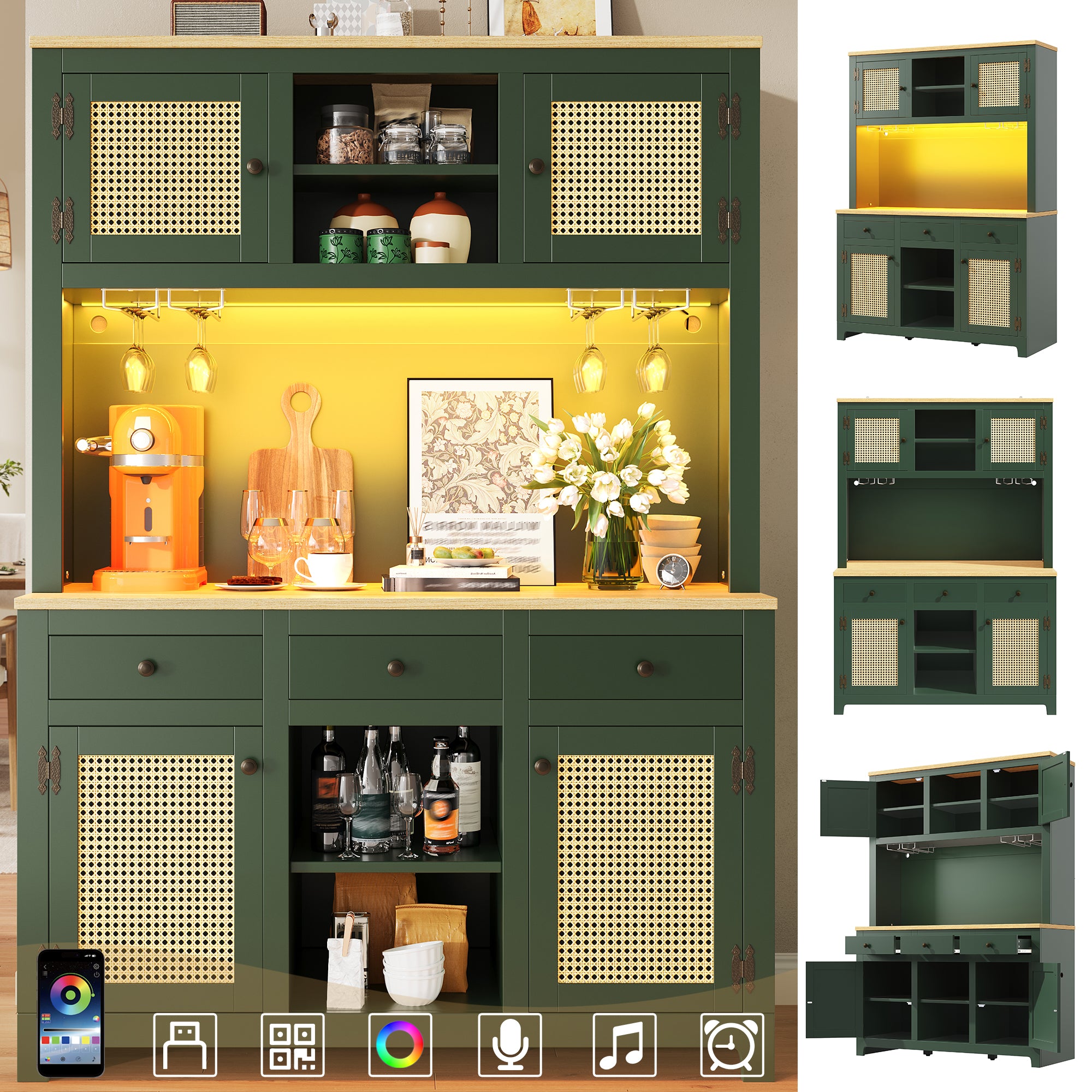 LED tall cabinet with lighting system, PE rattan cabinet with anti-tip device, large freestanding cabinet with adjustable shelves and drawers, vintage storage cabinet for kitchen, dining room