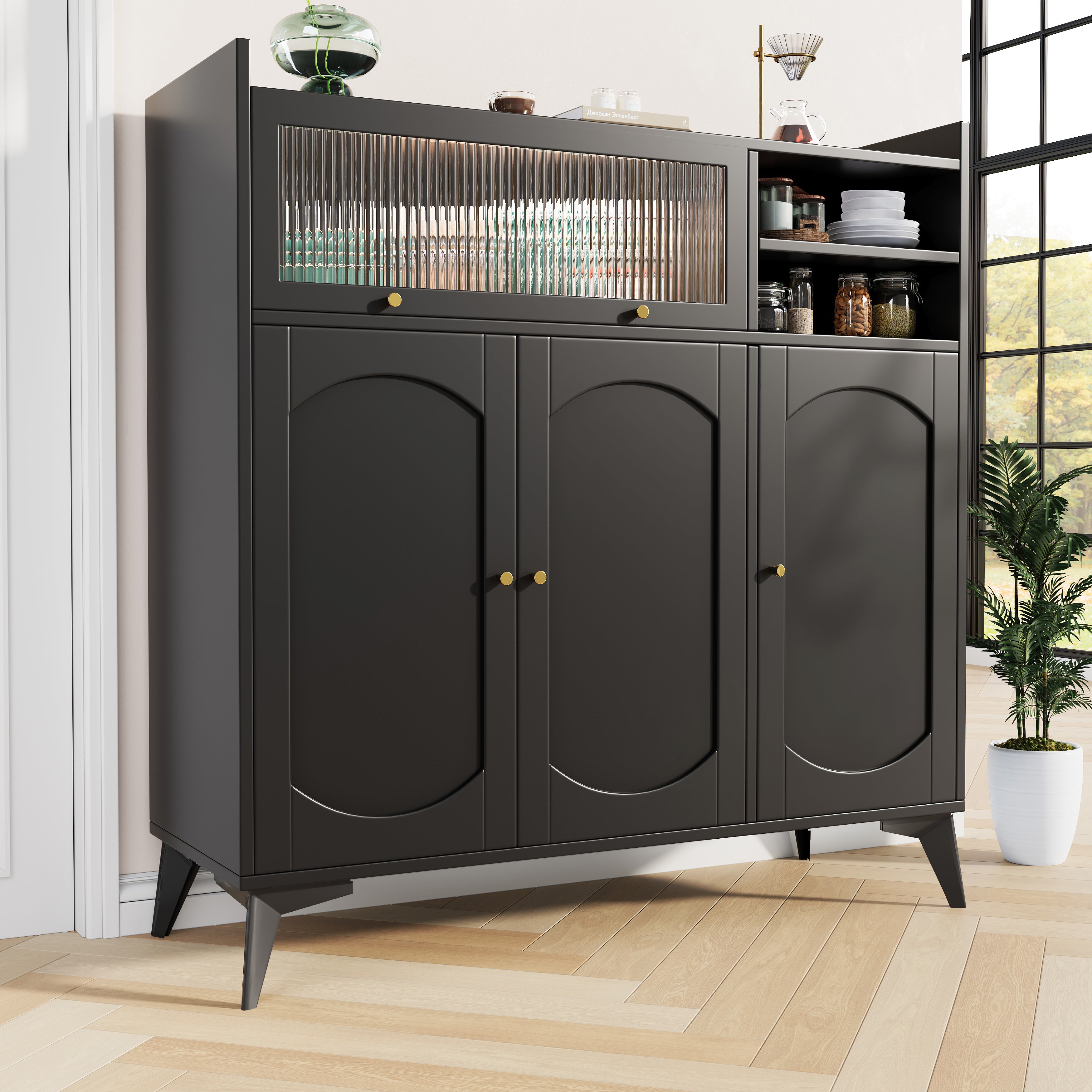 Sideboard (120 x 39.8 x 118.5 cm), modern and sleek black sideboard, large storage space, with glass door and golden handle, multifunctional furniture, suitable for dining room or living room