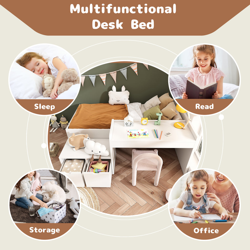 Kids Single Bed with Desk and Drawers, 90 x190 cm, White, 3ft Kids Wooden Bed with Storage, Single Bed with Slatted Frame, Lying Surface for Teenagers & Adults (No Mattress)