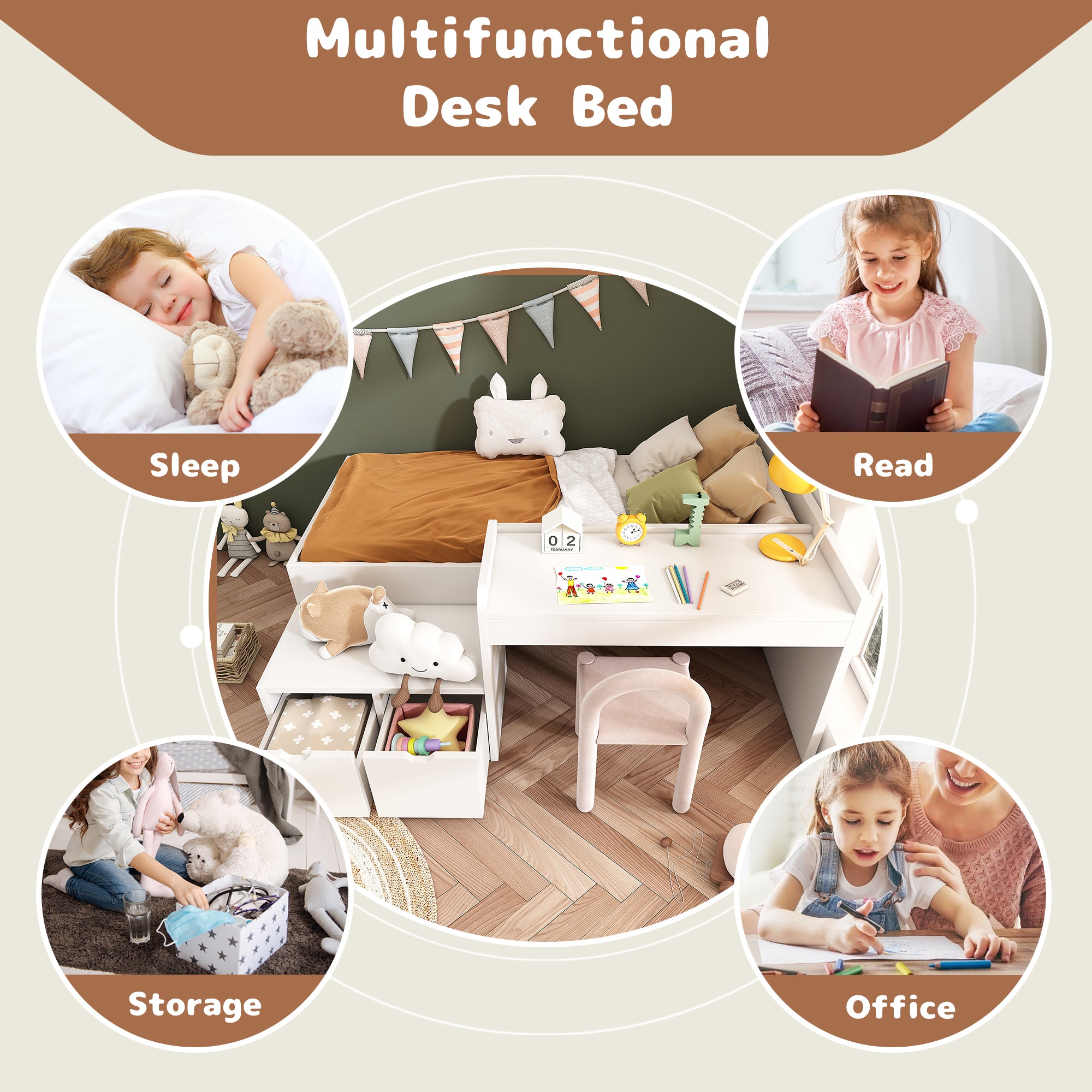 Kids Single Bed with Desk and Drawers, 90 x190 cm, White, 3ft Kids Wooden Bed with Storage, Single Bed with Slatted Frame, Lying Surface for Teenagers & Adults (No Mattress)