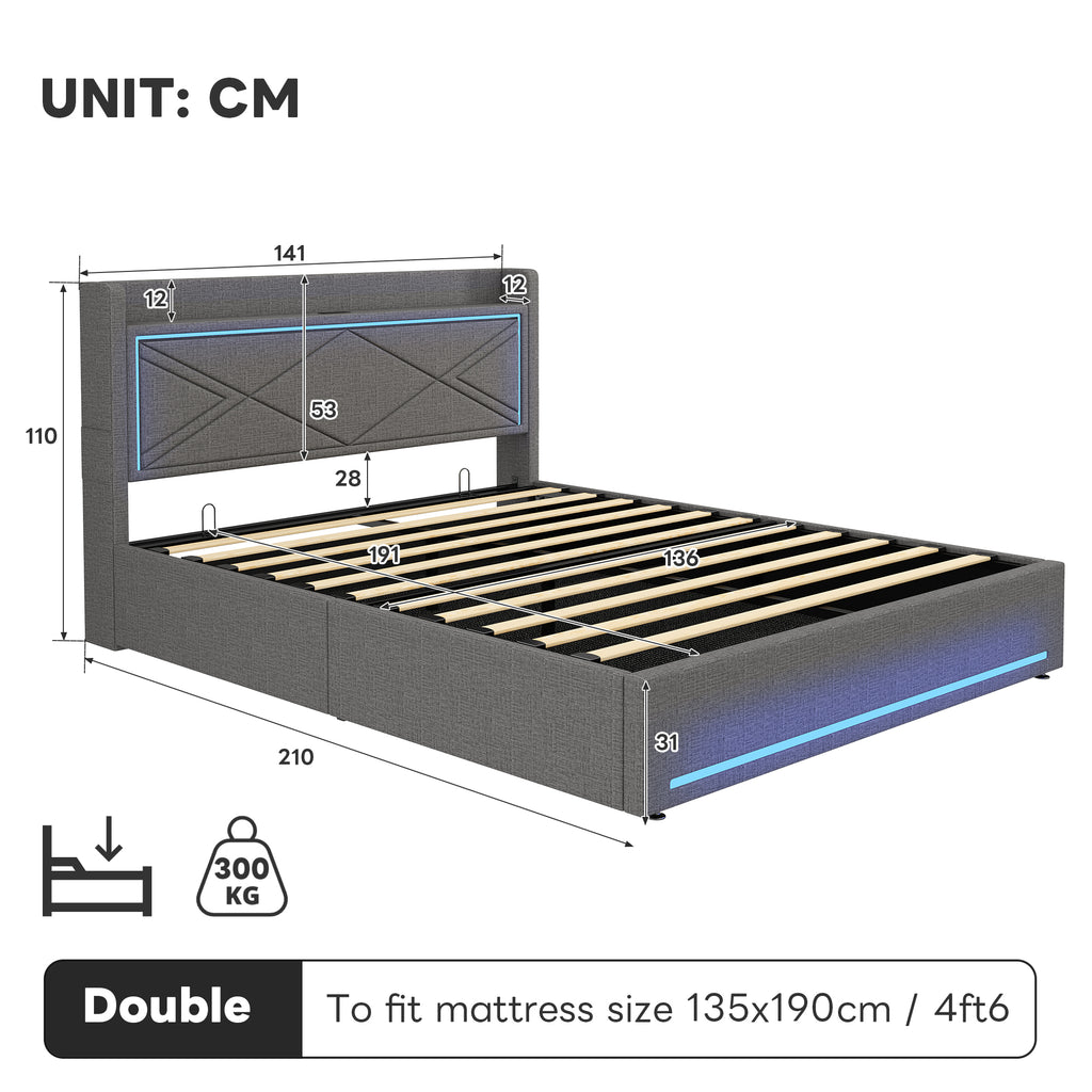 4ft6 Double Upholstered Bed Frame with Hydraulic Storage,  Linen Ottoman Bed with LED Lighting and Charging Station, USB and Type - C Ports, No Box Spring Needed, Grey (No Mattress)