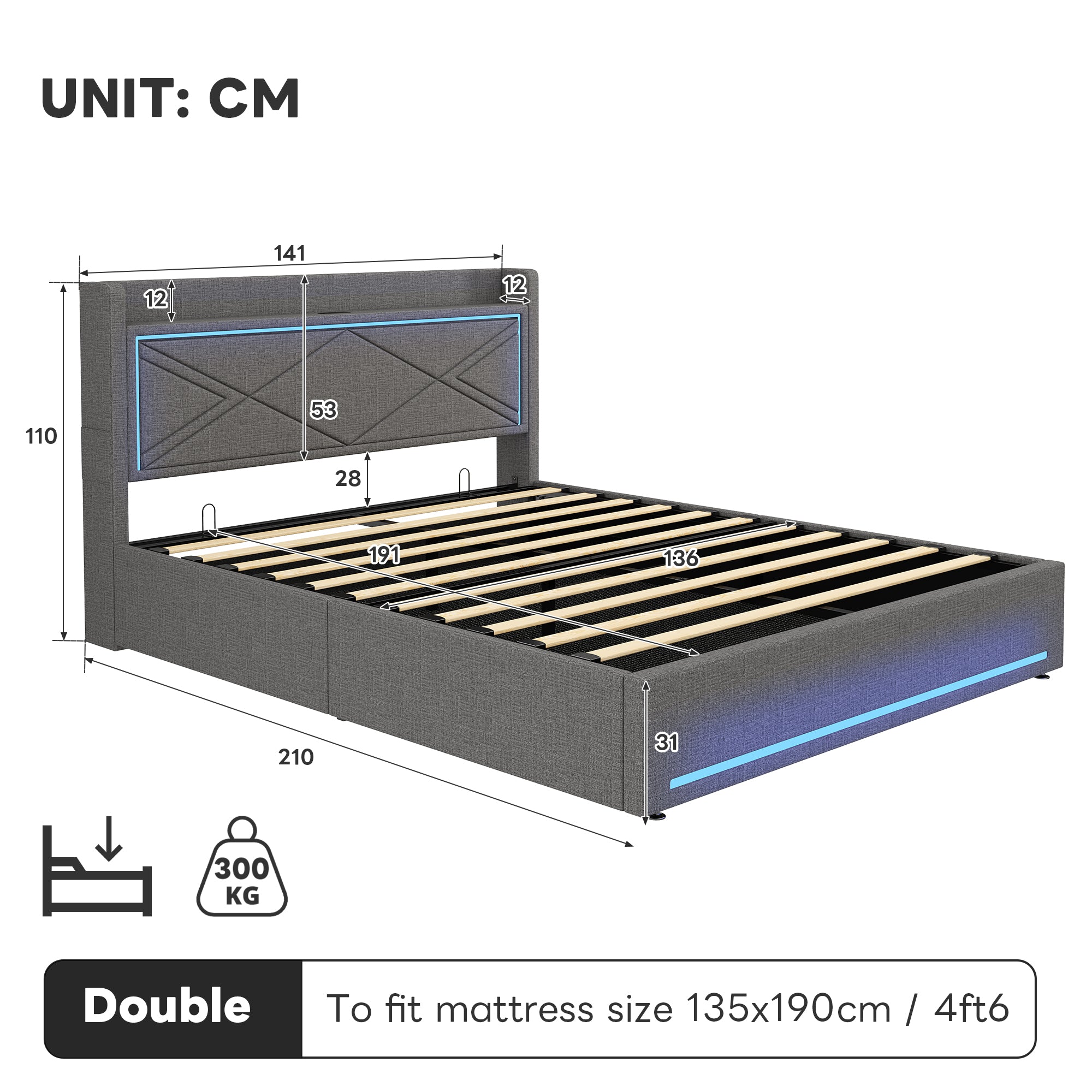 4ft6 Double Upholstered Bed Frame with Hydraulic Storage,  Linen Ottoman Bed with LED Lighting and Charging Station, USB and Type - C Ports, No Box Spring Needed, Grey (No Mattress)