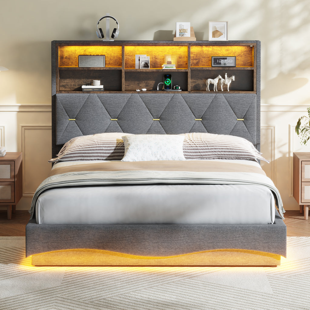 4ft6 Double Upholstered Bed Frame with Hydraulic Storage, Wavy LED Heightened Headboard with Charging Station, USB and Type - C Ports, Linen, No Box Spring Needed, Grey (No Mattress)
