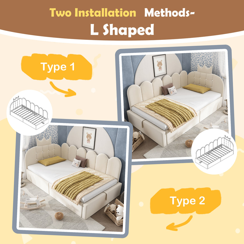 Upholstered Daybed with Hydraulic Storage, 3FT Single Sofa Bed 90 x 190 cm, Crown-shaped Bed Guest Beds for Adults & Children, Velvet, Beige (No Mattress)