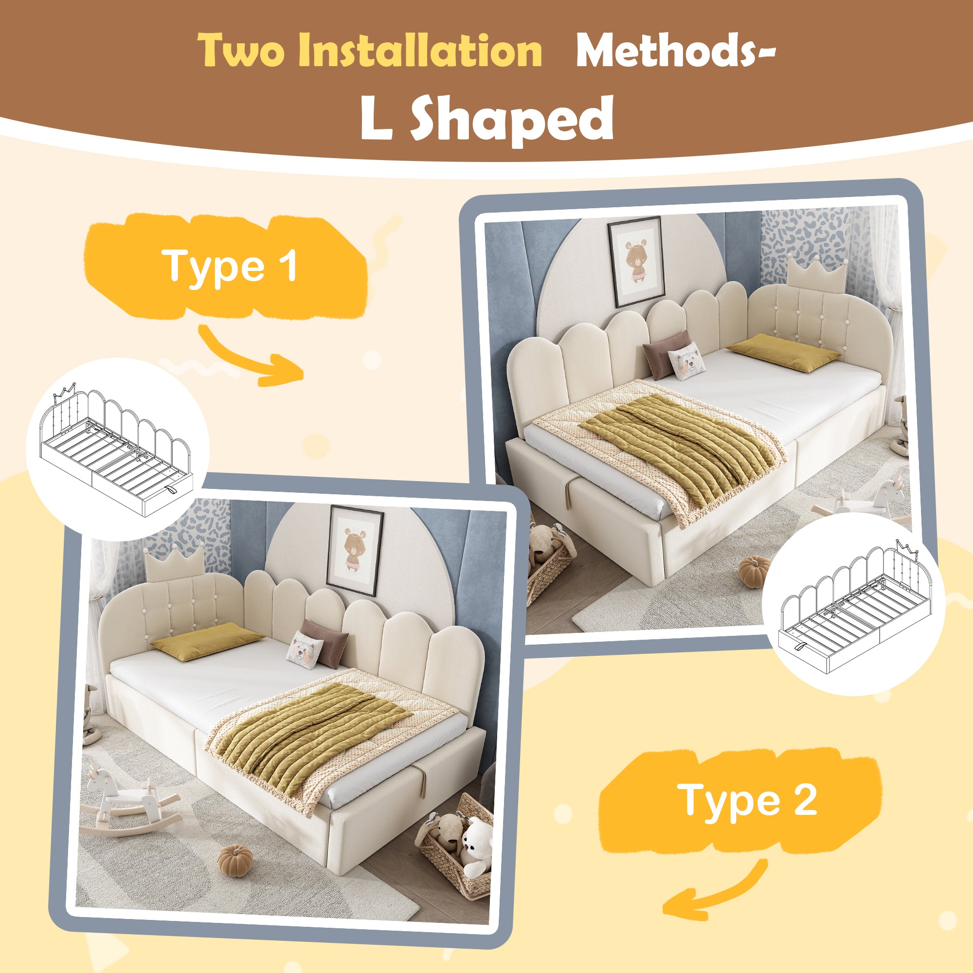 Upholstered Daybed with Hydraulic Storage, 3FT Single Sofa Bed 90 x 190 cm, Crown-shaped Bed Guest Beds for Adults & Children, Velvet, Beige (No Mattress)