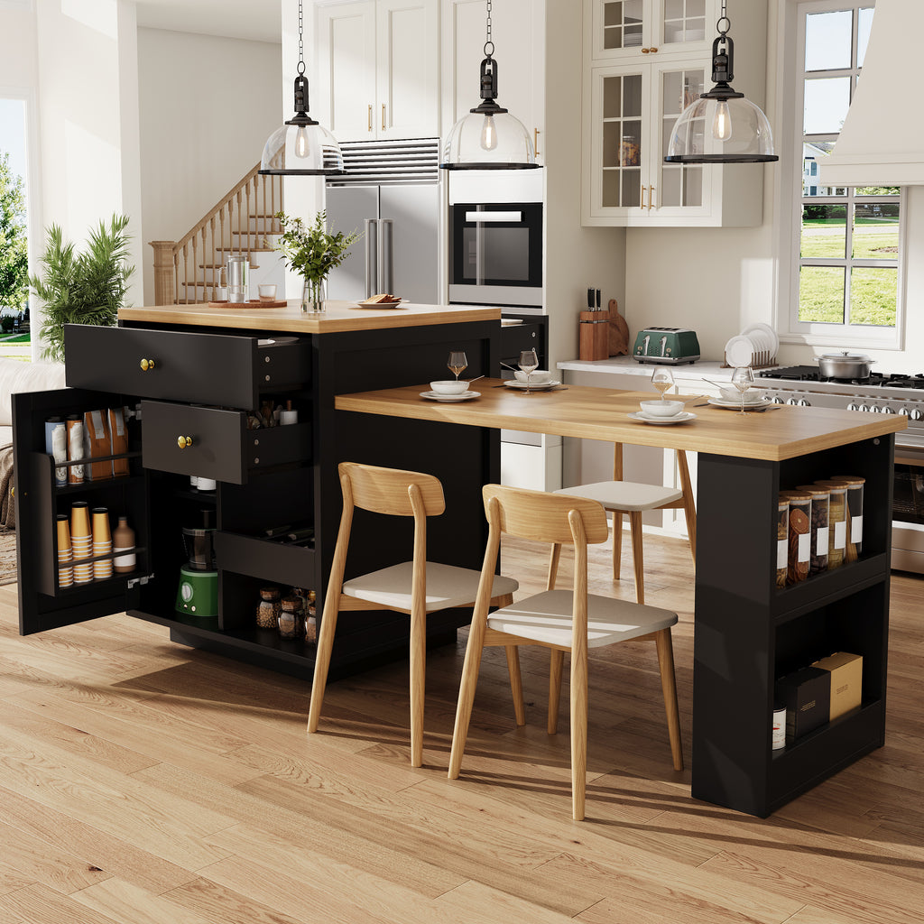 Extendable bar table with storage (122.5-195.5×70×93.8cm), with three drawers and wine rack, kitchen island with extendable table, for 2-6 people, kitchen dining cart with side shelves, black