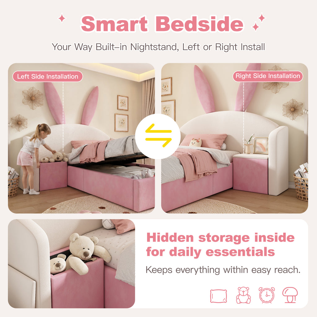 Bunny Ears Kids Bed, Single Upholstered Bed with Hydraulic Storage & Nightstand, Children Bed Frame for Girls Bedroom, 90 x 190 cm, Beige & Pink, No Mattress