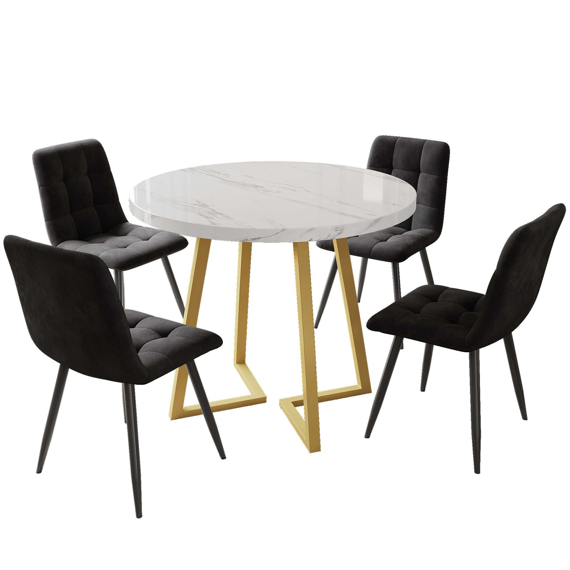 Dining Table Set (5 Pieces), Dining Table Set with 4 Chairs, Modern Kitchen Table Set, 80 cm Diameter Round Kitchen Table with Gold Metal Legs, White MDF Table Top, Black Velvet Dining Chairs