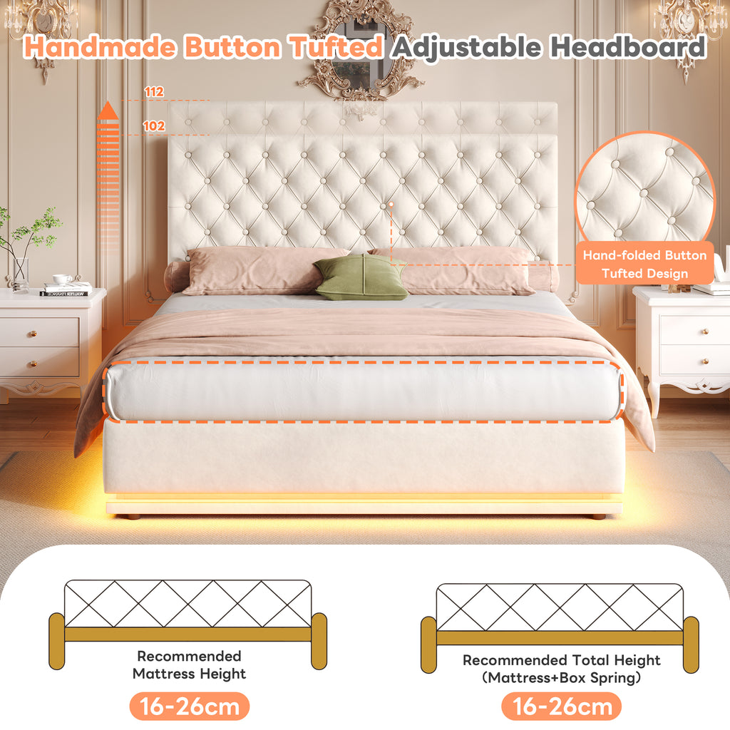 Double Ottoman Bed with LED Lighting, Velvet Upholstered Bed with Hydraulic Storage, 4ft6 Double Bed Frame with Handmade Button Tufted Adjustable Headboard, No Box Spring Needed, Beige (No Mattress)