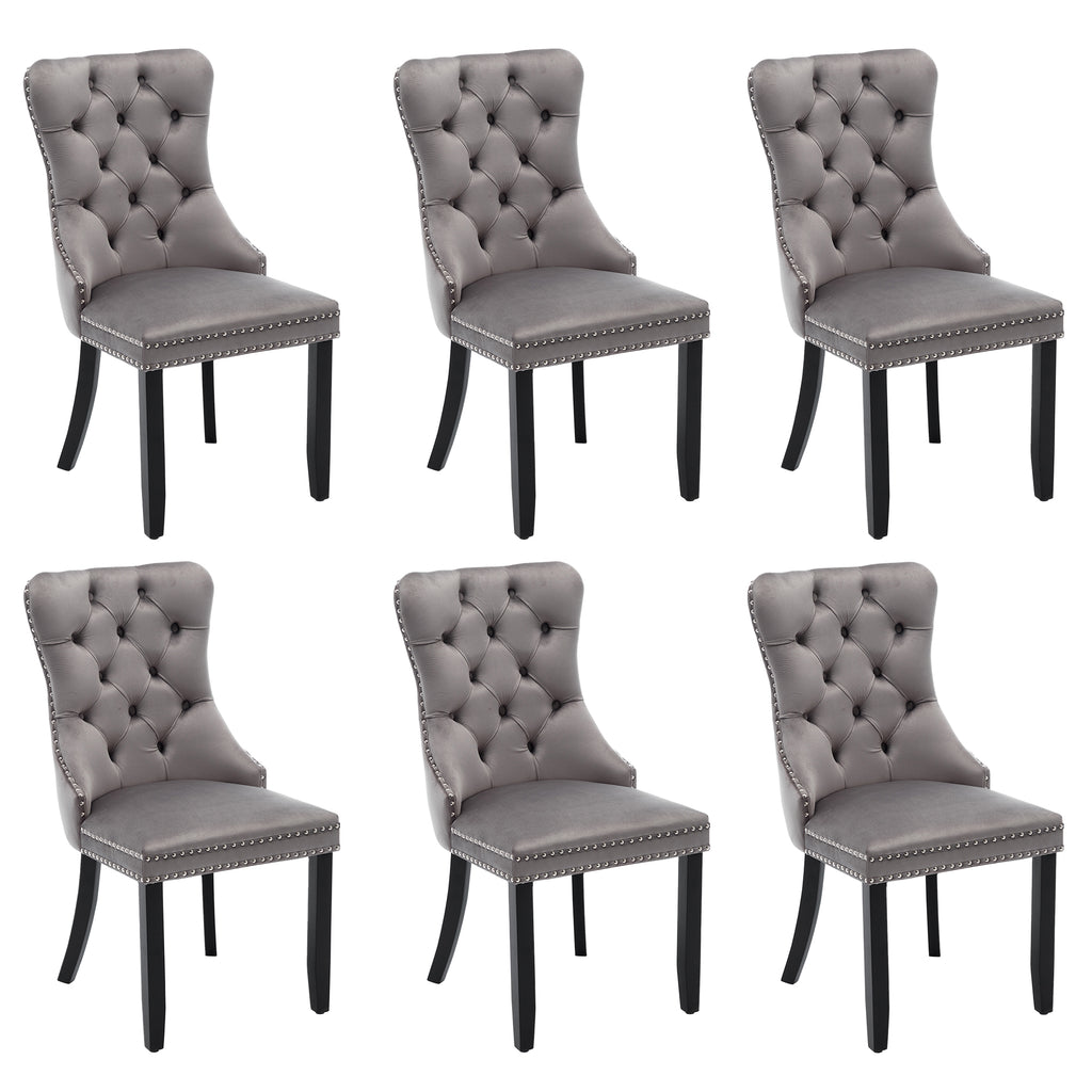 Modern Set of 6 Upholstered Velvet Dining Chairs, Button Tufted Kitchen Lounge Chairs with Solid Wood Legs, Riveted Trim and Knocker Ring, for Dining Room Living Room, Grey