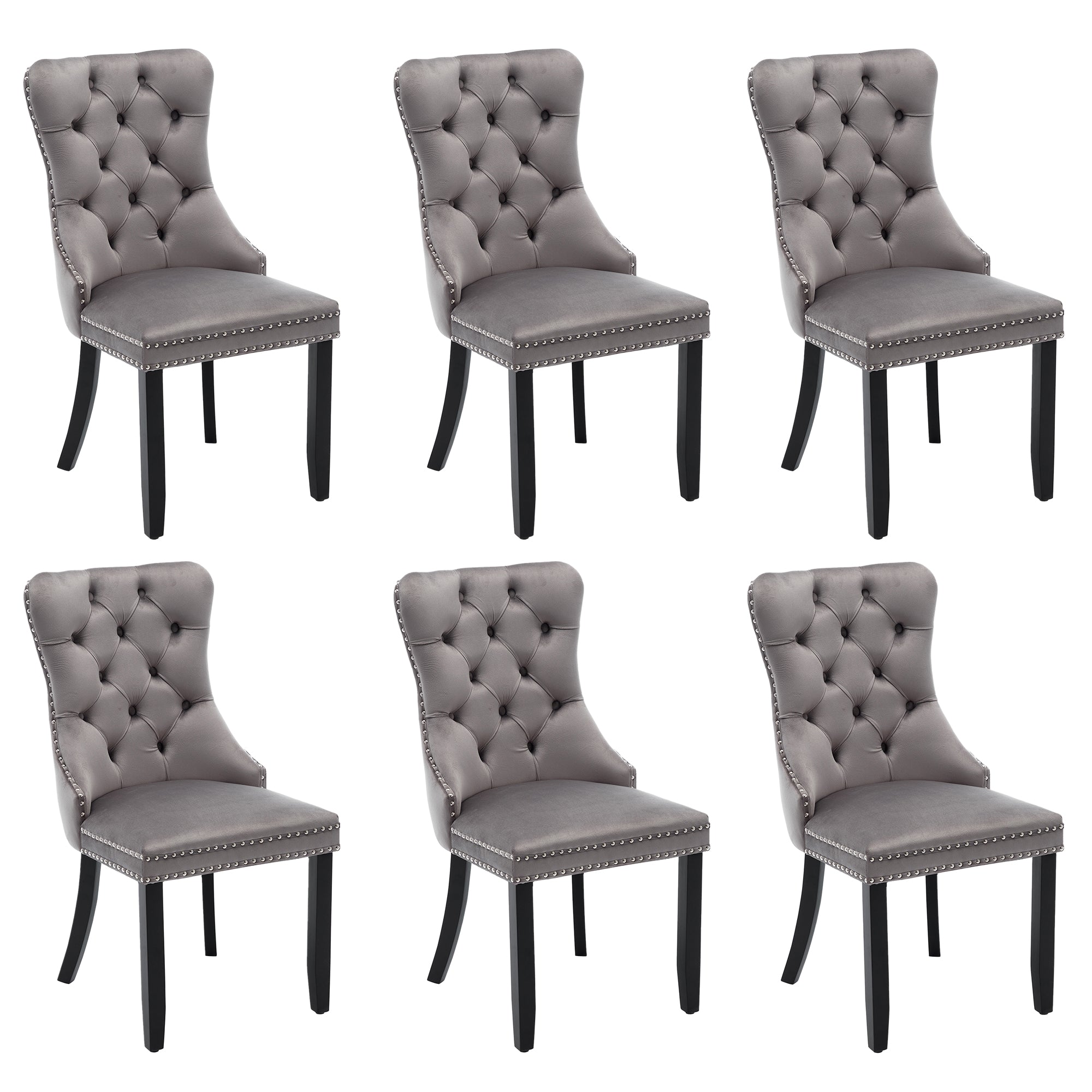 Modern Set of 6 Upholstered Velvet Dining Chairs, Button Tufted Kitchen Lounge Chairs with Solid Wood Legs, Riveted Trim and Knocker Ring, for Dining Room Living Room, Grey