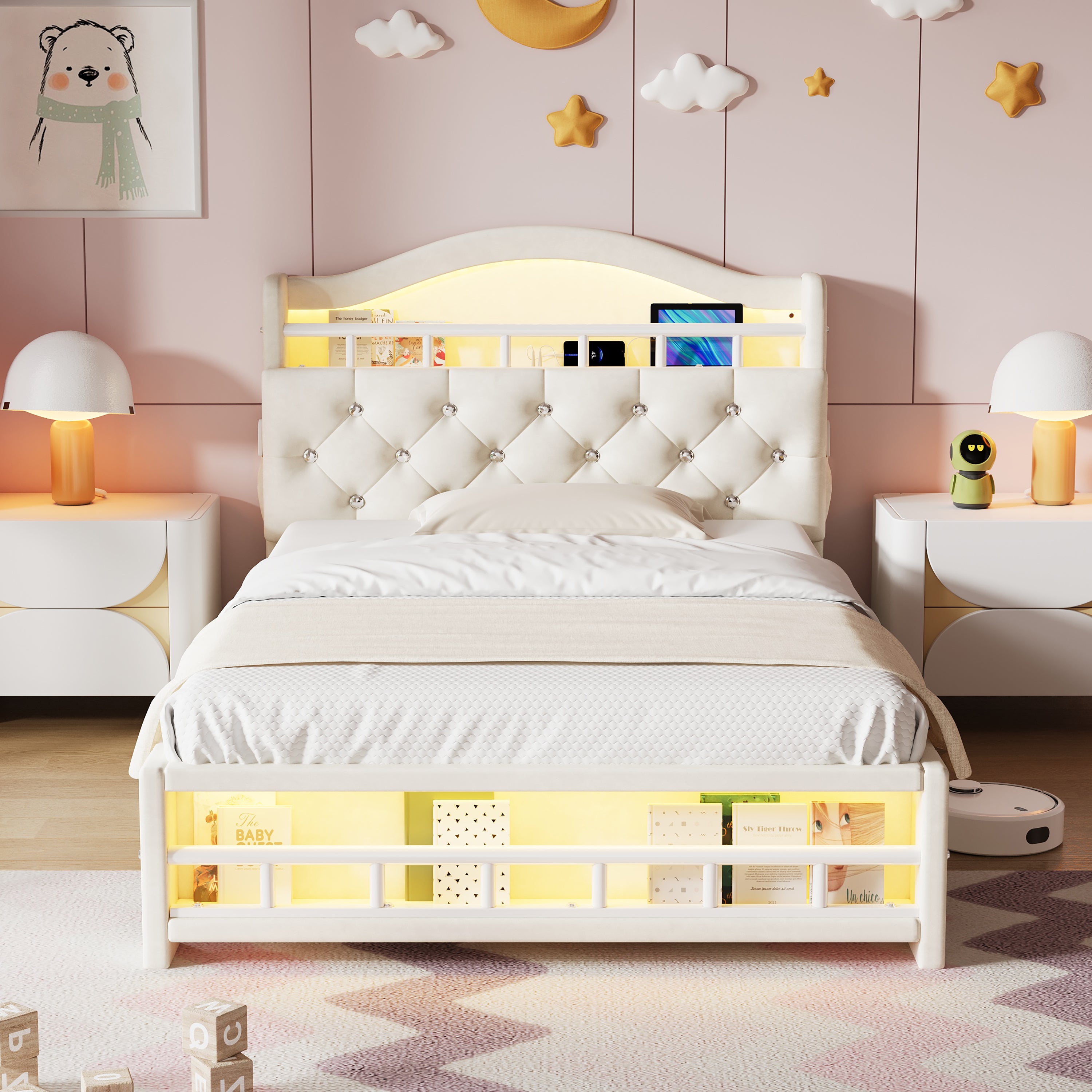 3ft Single Upholstered Velvet Bed Frame, LED Bed Frame with Charging Station & Diamond Tufted Headboard, Concealed Headboard Storage with USB and Type - C Ports, Easy Assembly, Beige (No Mattress)
