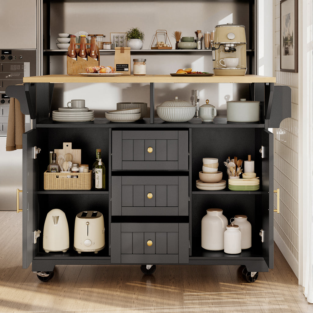 Kitchen island, cabinet, sideboard 120 x 40 (80) x 95 cm, extendable kitchen trolley with casters, extendable on both sides, with towel rail and spice rack, two doors, three drawers, black/white
