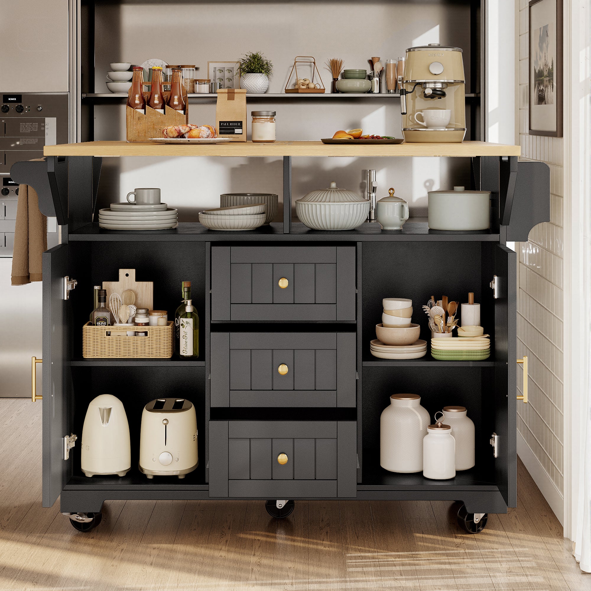 Kitchen island, cabinet, sideboard 120 x 40 (80) x 95 cm, extendable kitchen trolley with casters, extendable on both sides, with towel rail and spice rack, two doors, three drawers, black/white