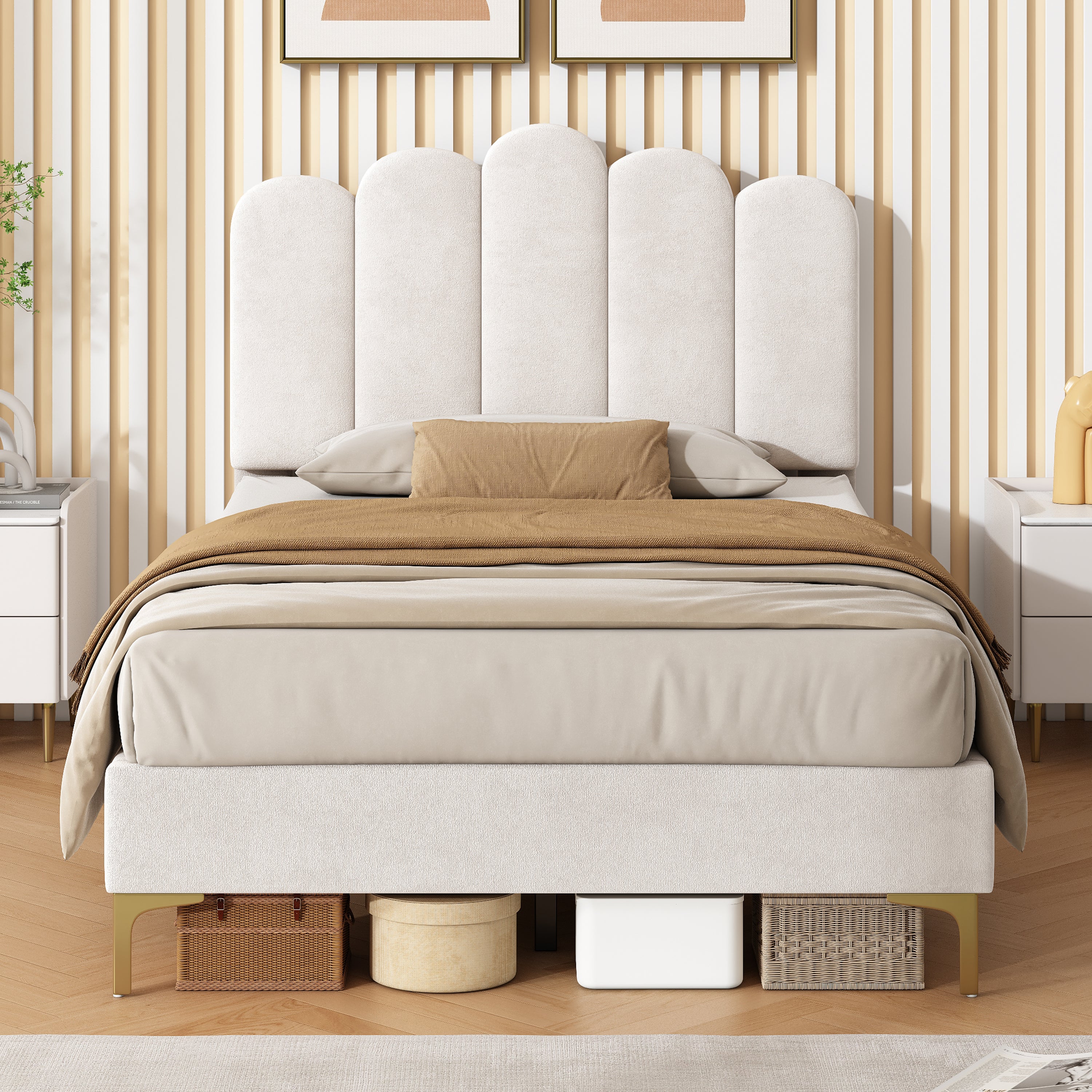 3ft Single  Premium Velvet Upholstered Bed Frame with Scalloped Channel Tufted Design, Height Adjustable Headboard & Gold Metal Feet, Under-bed Storage Space, No Box Spring Needed, Beige (No Mattress)