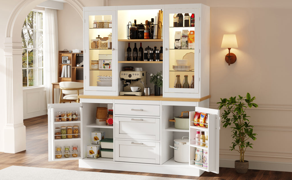 Kitchen Pantry Cabinet with App-Controlled LED Lights, 185cm Tall Storage Cabinet with Glass Doors, Drawers & Worktop, White