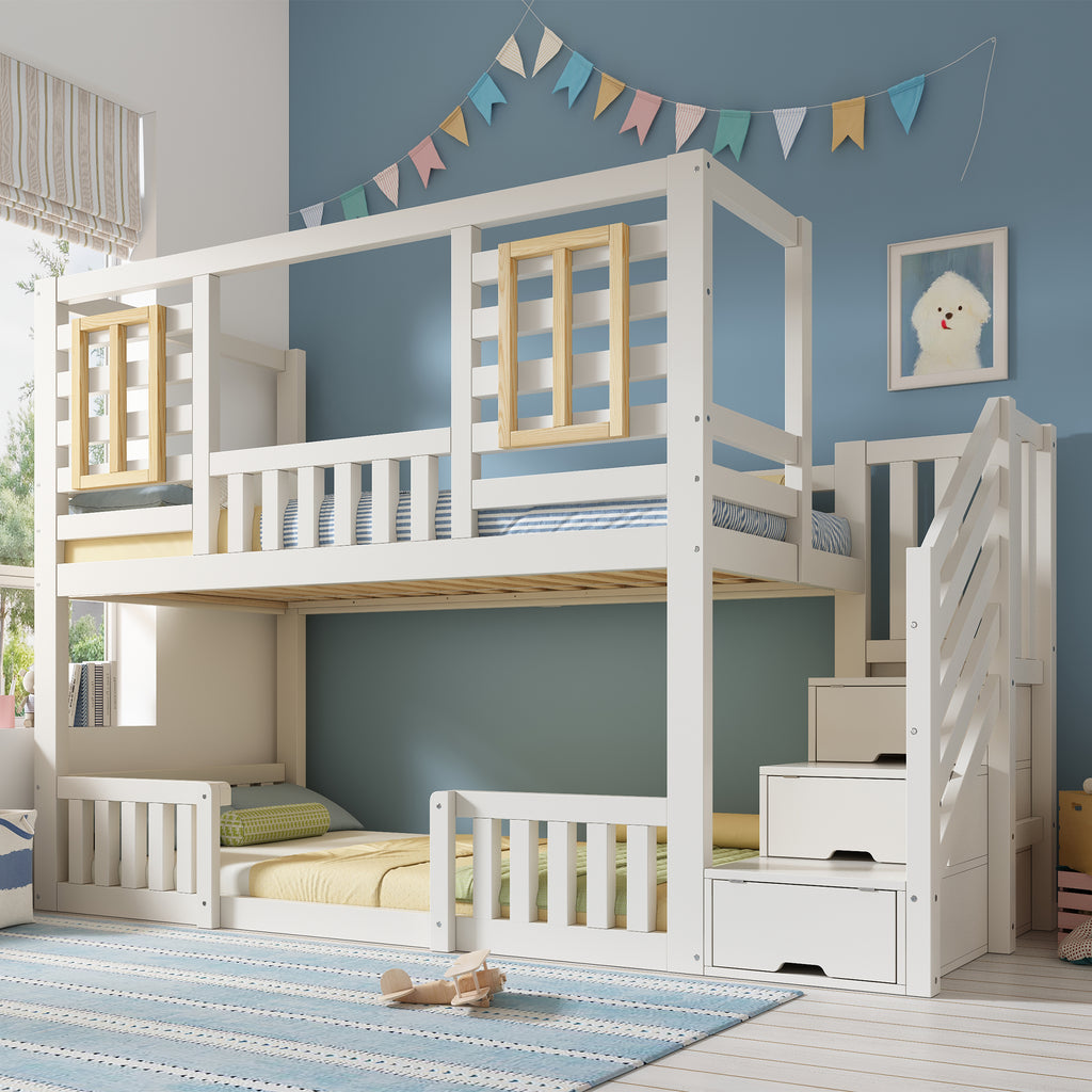 Bunk Beds for Kids, Wooden Cabin Bed with Staircase Storage, Multi-functional Tree-house Bed, Children's House Bed, Twin Sleeper (90+90) x 190 cm, Solid Wood, White