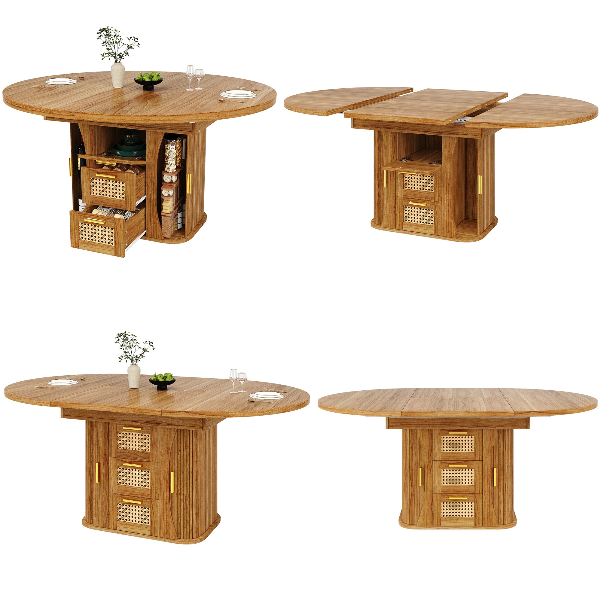 Extendable dining table with storage, 118–158cm table with rattan drawers, MDF wood look, black / natural wood / brown